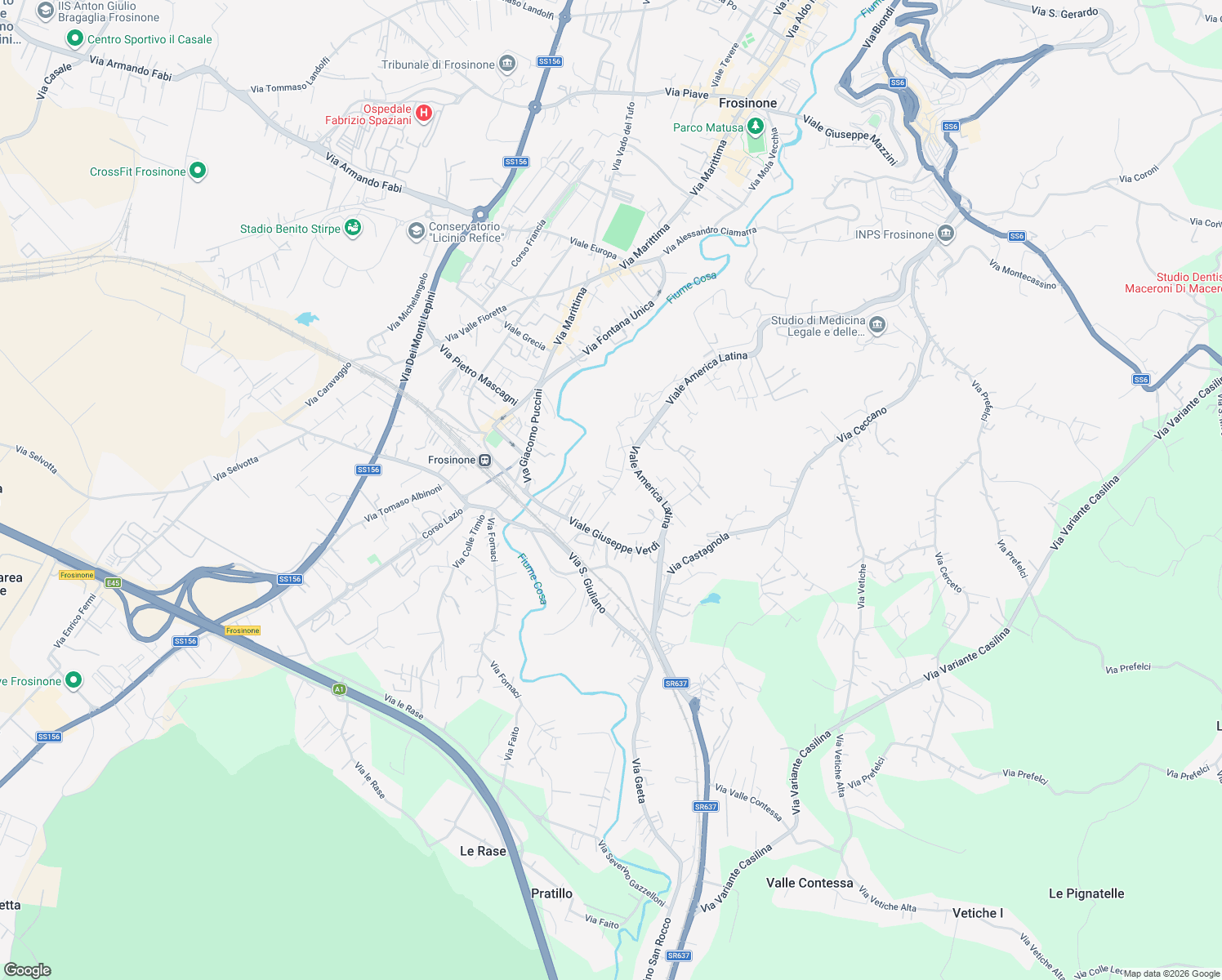 map of restaurants, bars, coffee shops, grocery stores, and more near 25 Via Cosenza in Frosinone