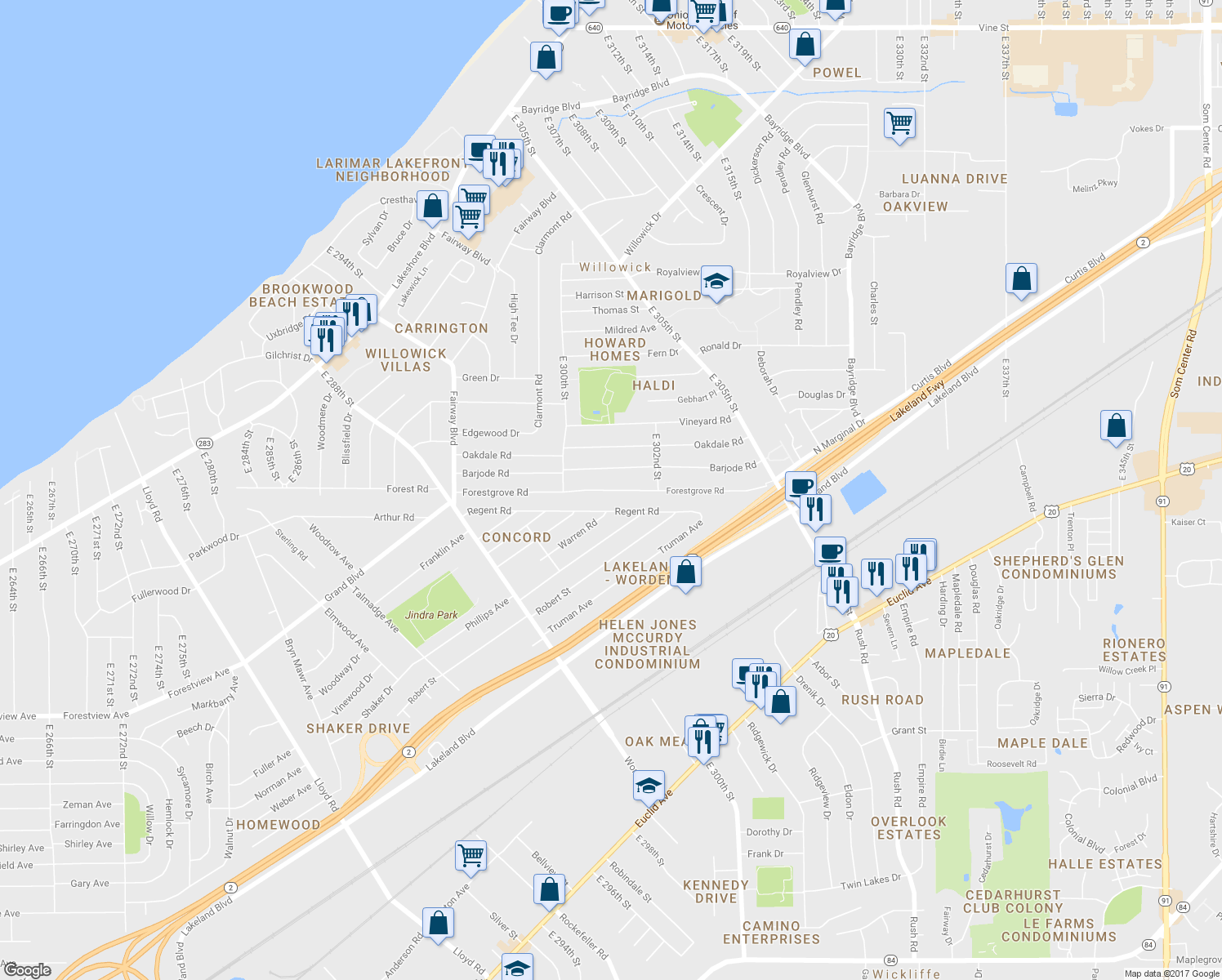 map of restaurants, bars, coffee shops, grocery stores, and more near 30100 Forestgrove Road in Willowick