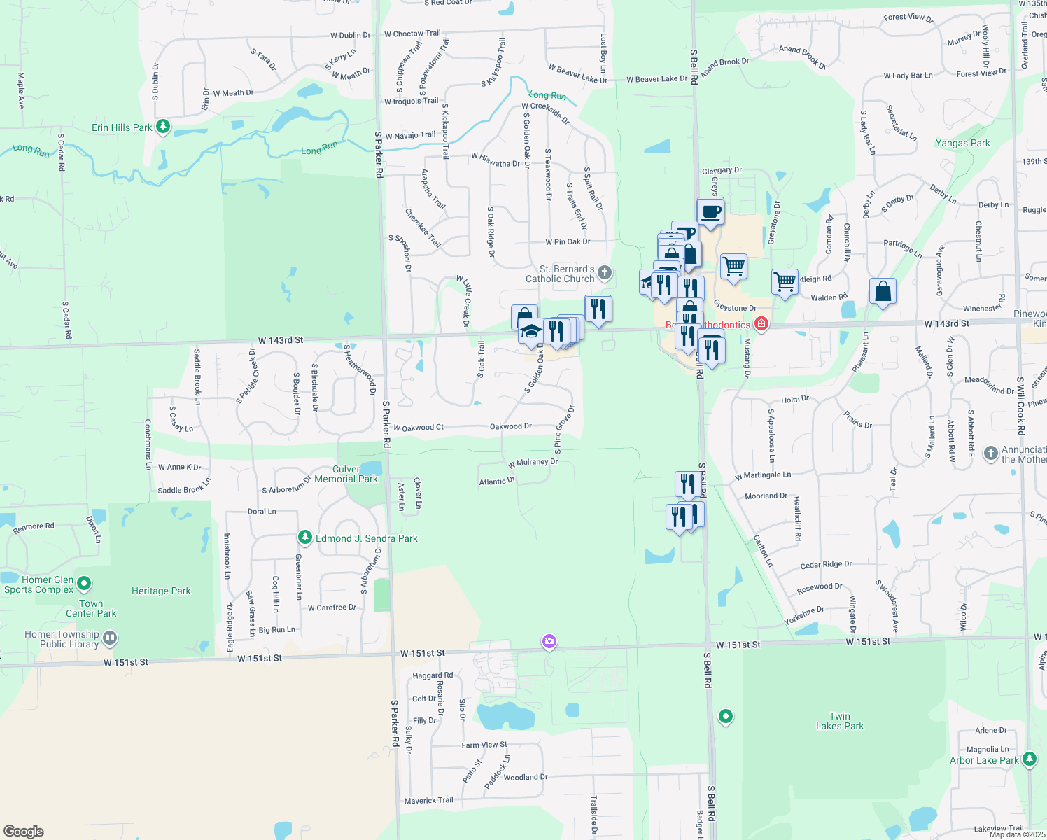 map of restaurants, bars, coffee shops, grocery stores, and more near 13238 Oakwood Drive in Lockport