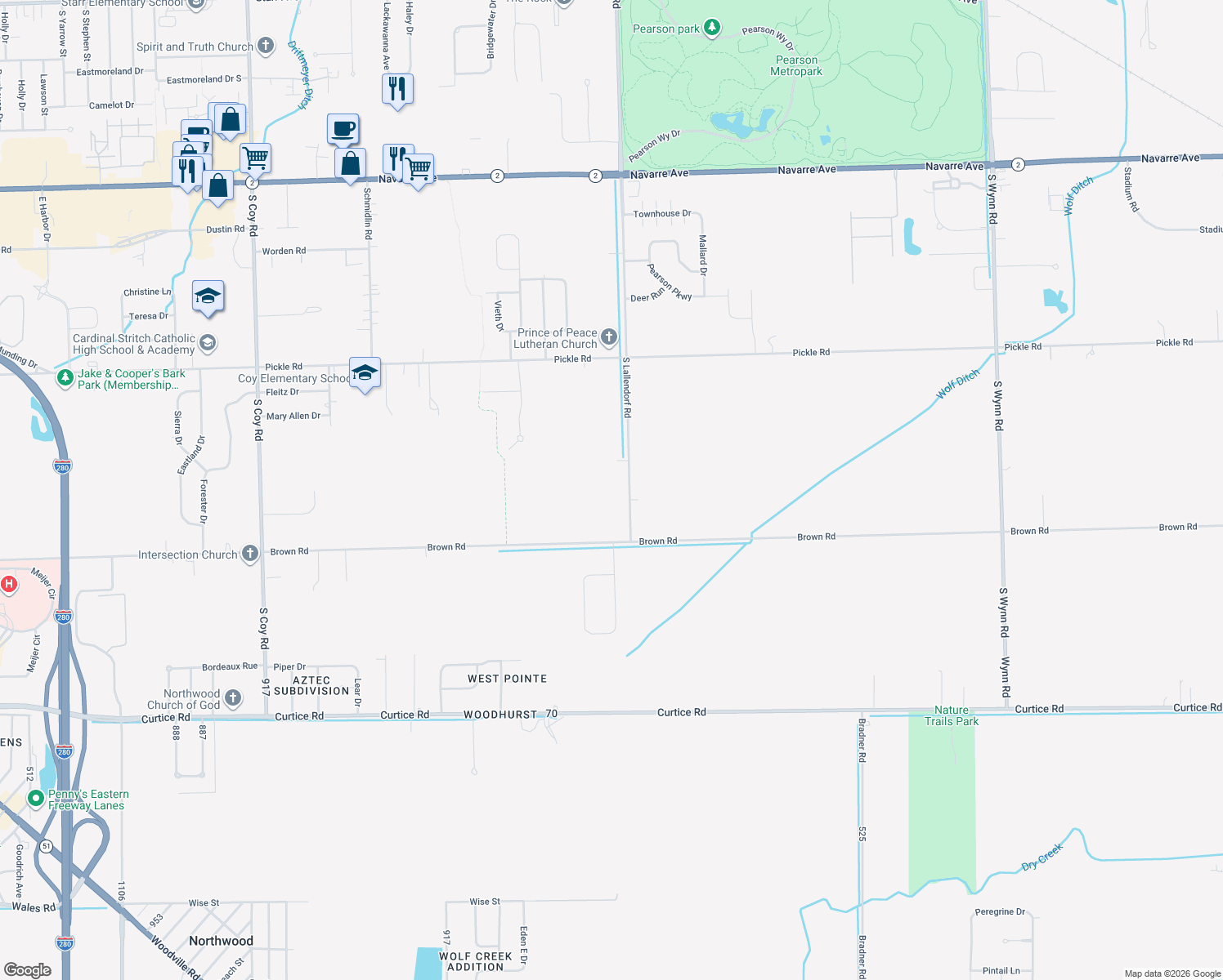 map of restaurants, bars, coffee shops, grocery stores, and more near 1460 S Lallendorf Rd in Oregon