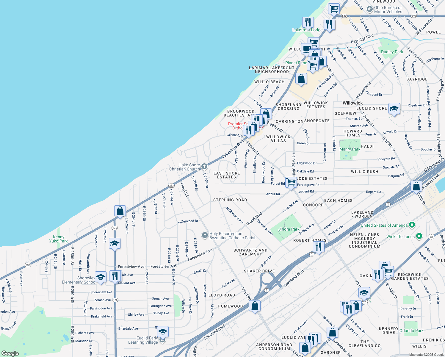 map of restaurants, bars, coffee shops, grocery stores, and more near 309 East 284th Street in Willowick