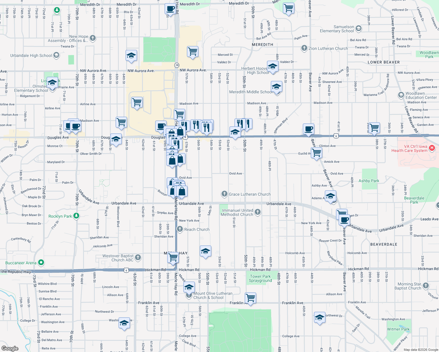 map of restaurants, bars, coffee shops, grocery stores, and more near 5310 Ovid Ave in Des Moines