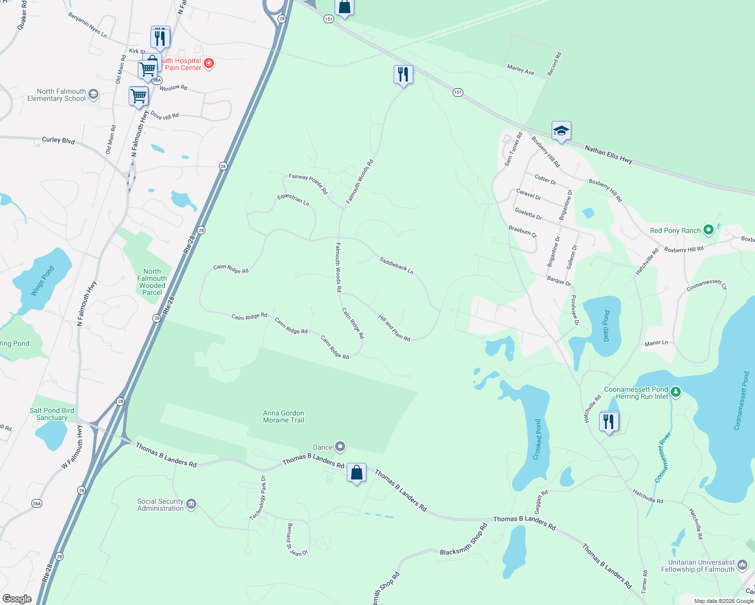 map of restaurants, bars, coffee shops, grocery stores, and more near 40 Hill and Plain Road in Falmouth