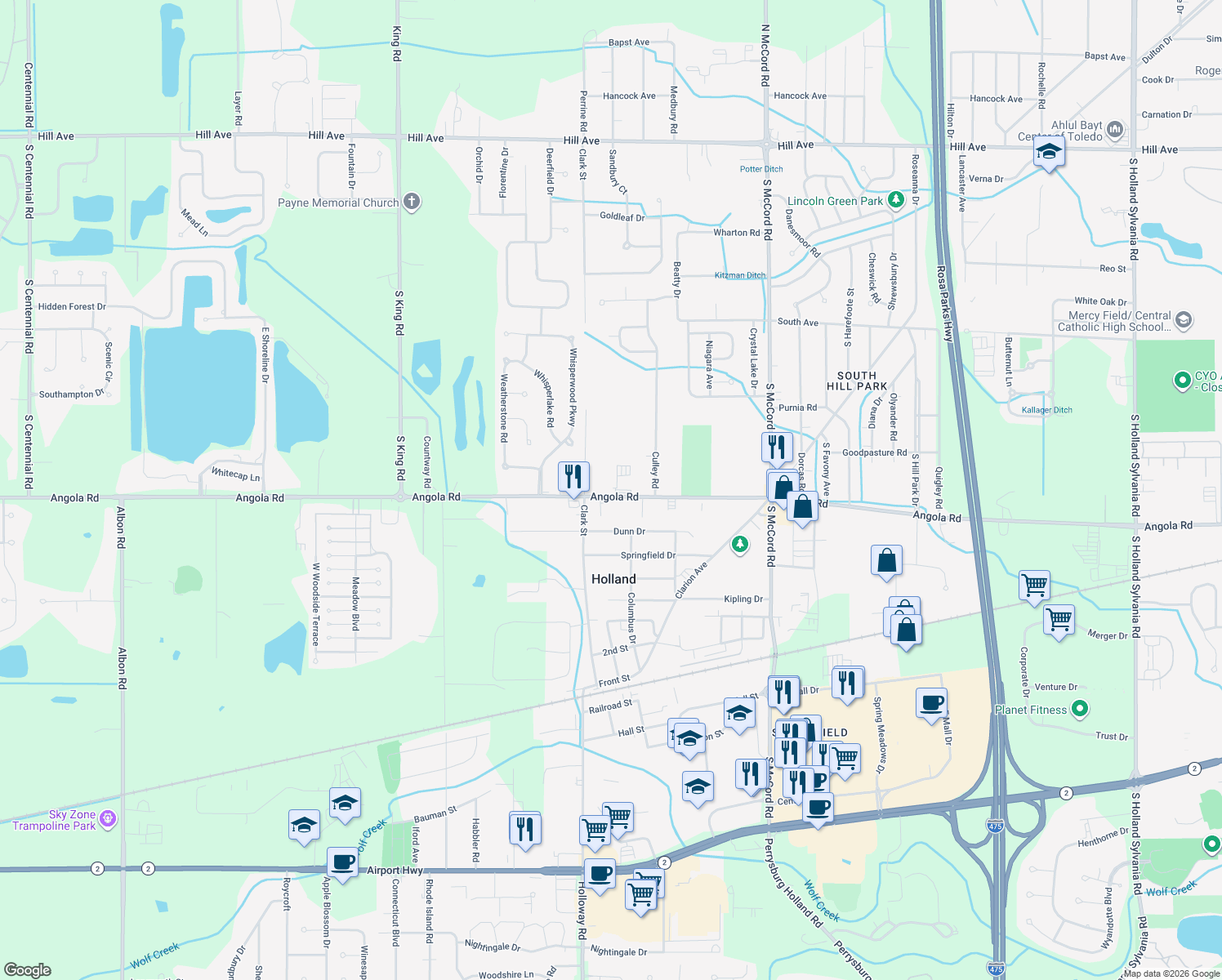 map of restaurants, bars, coffee shops, grocery stores, and more near 7130 Angola Rd in Holland
