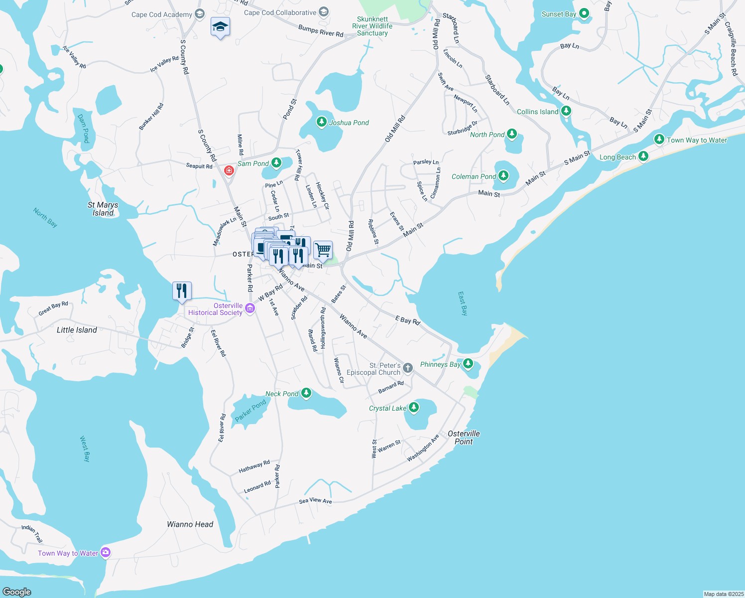 map of restaurants, bars, coffee shops, grocery stores, and more near 120 East Bay Road in Barnstable