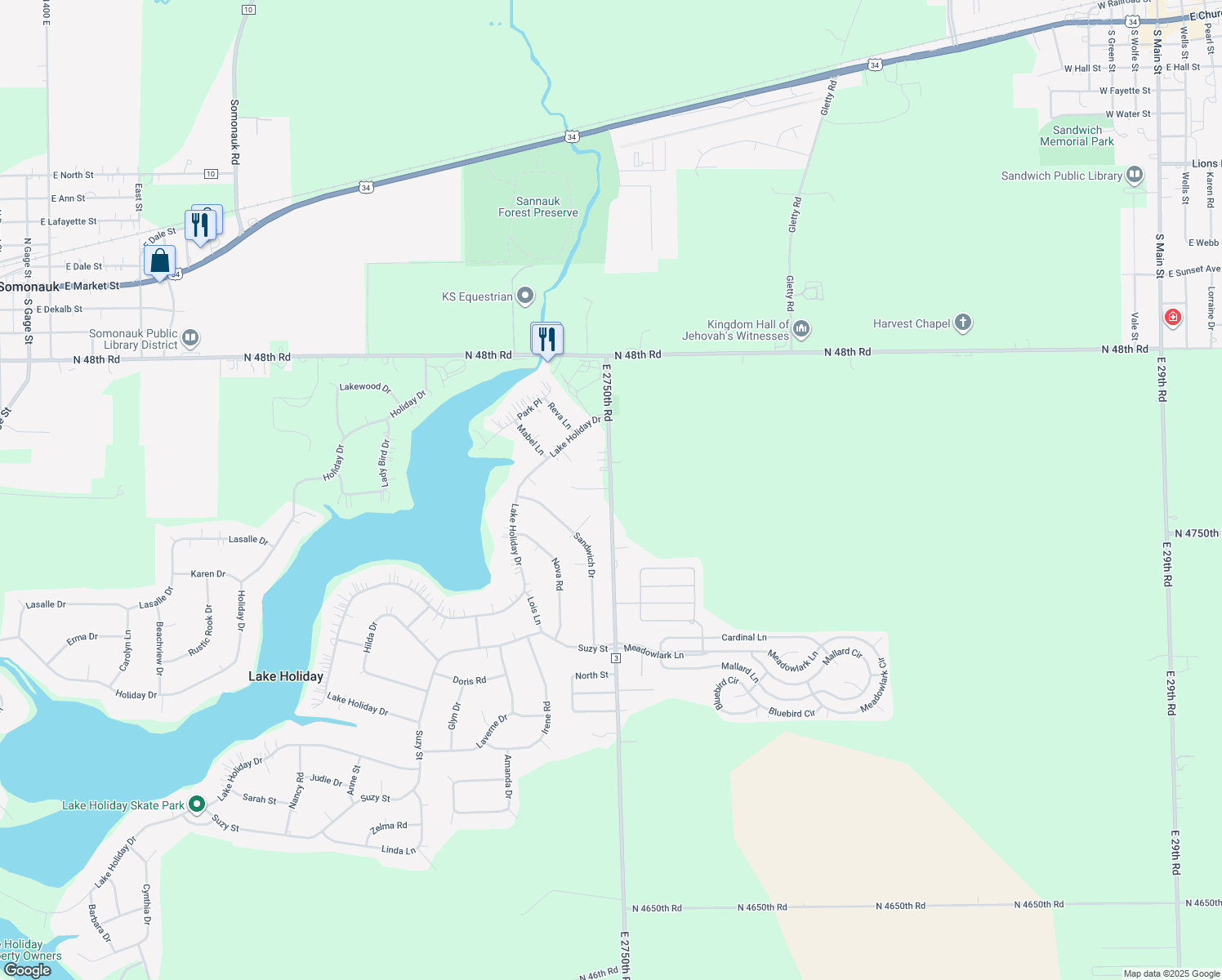 map of restaurants, bars, coffee shops, grocery stores, and more near 4760 East 2750th Road in Sandwich