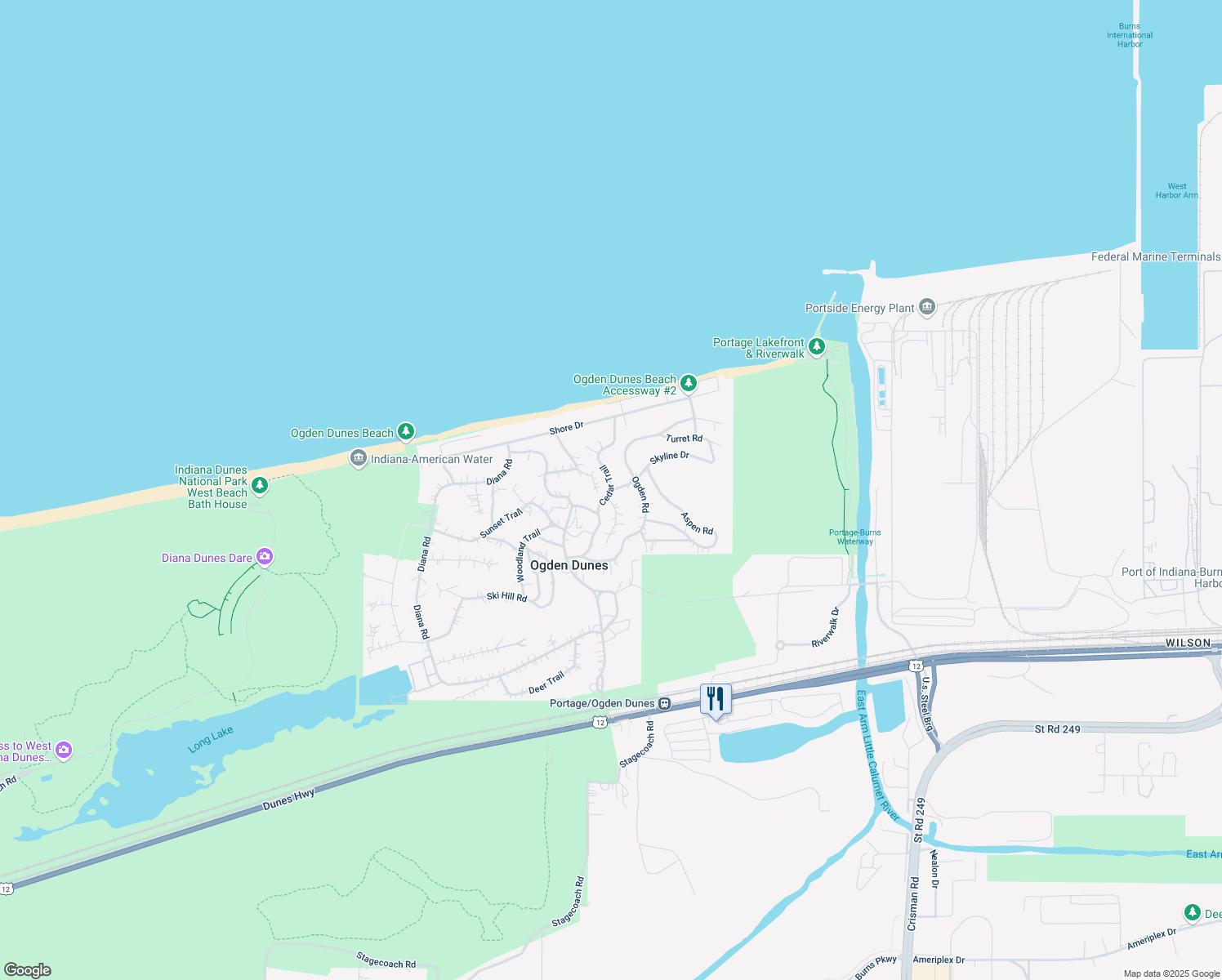 map of restaurants, bars, coffee shops, grocery stores, and more near 51 Cedar Trail in Ogden Dunes