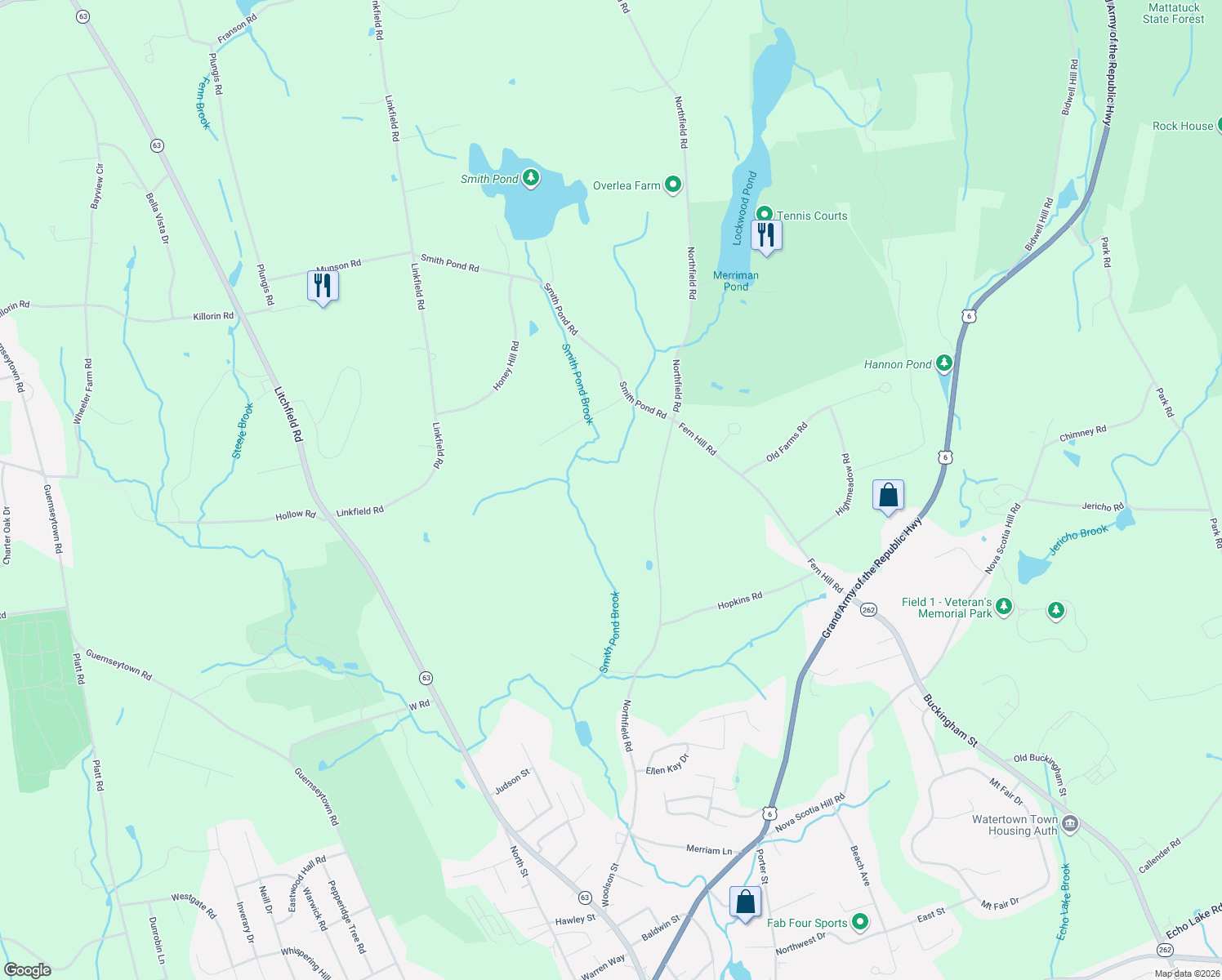 map of restaurants, bars, coffee shops, grocery stores, and more near 523 Northfield Rd in Watertown