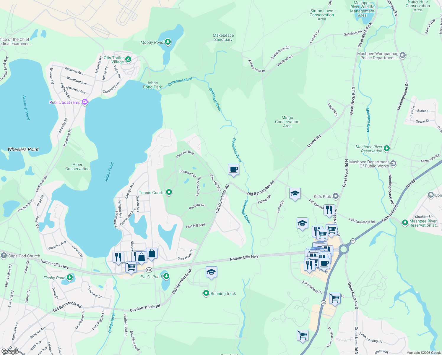 map of restaurants, bars, coffee shops, grocery stores, and more near 23 Payamps Rd in Mashpee