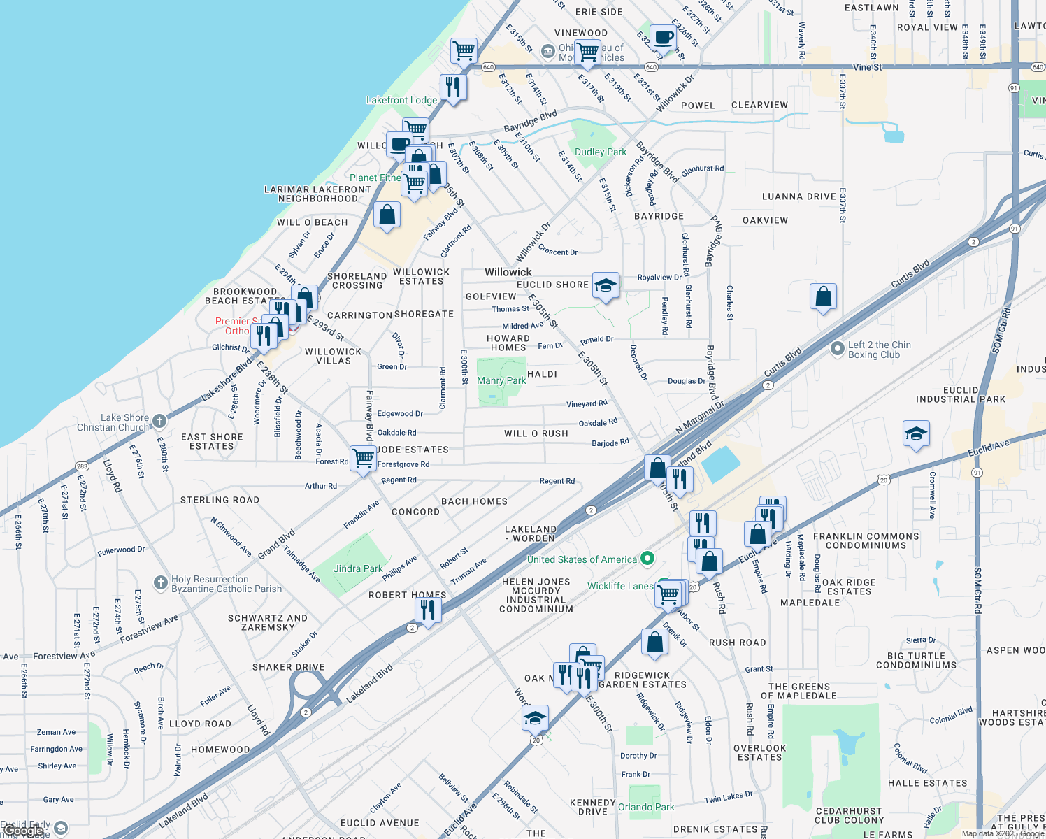 map of restaurants, bars, coffee shops, grocery stores, and more near 30125 Oakdale Road in Willowick