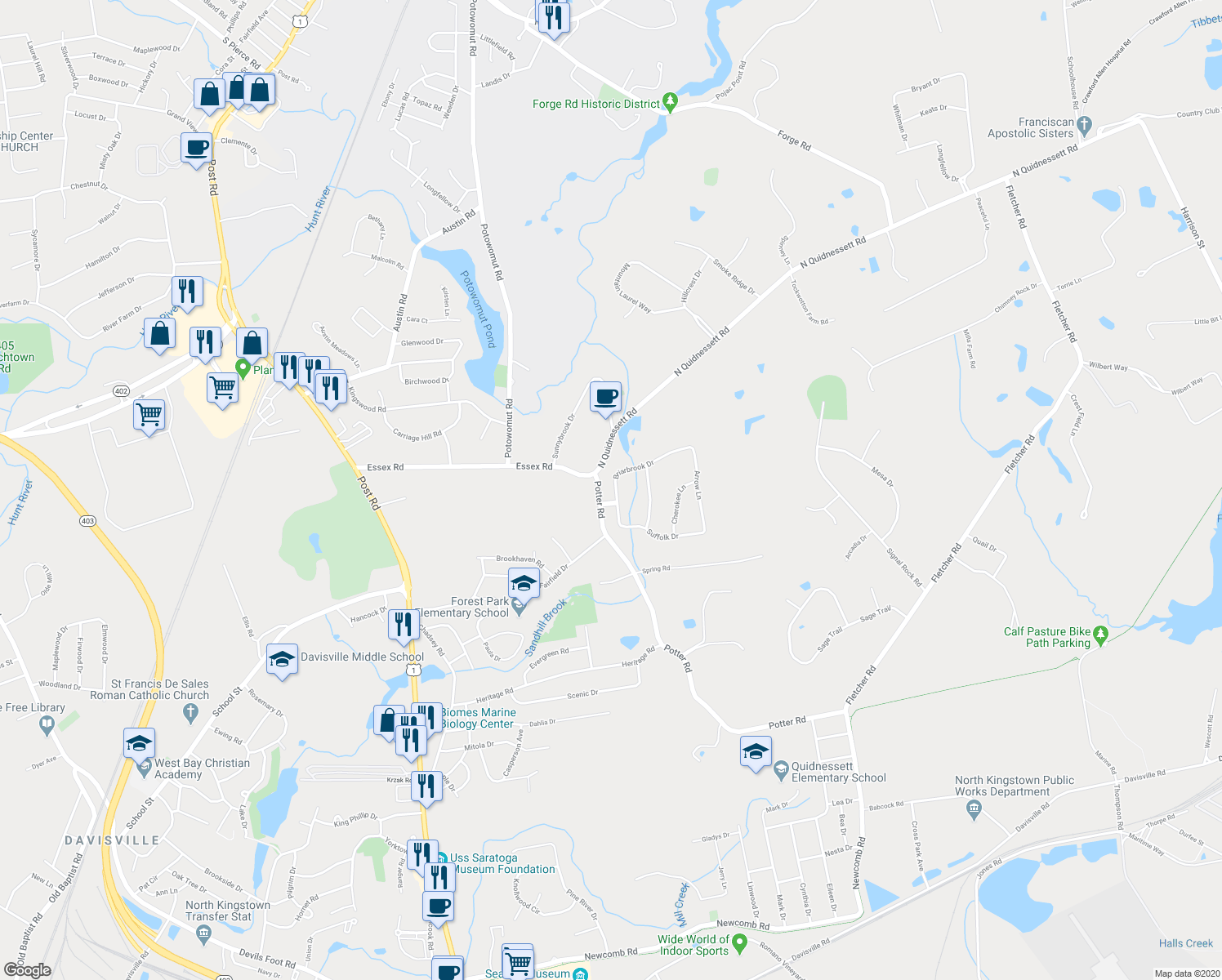 map of restaurants, bars, coffee shops, grocery stores, and more near 94 Briarbrook Drive in North Kingstown