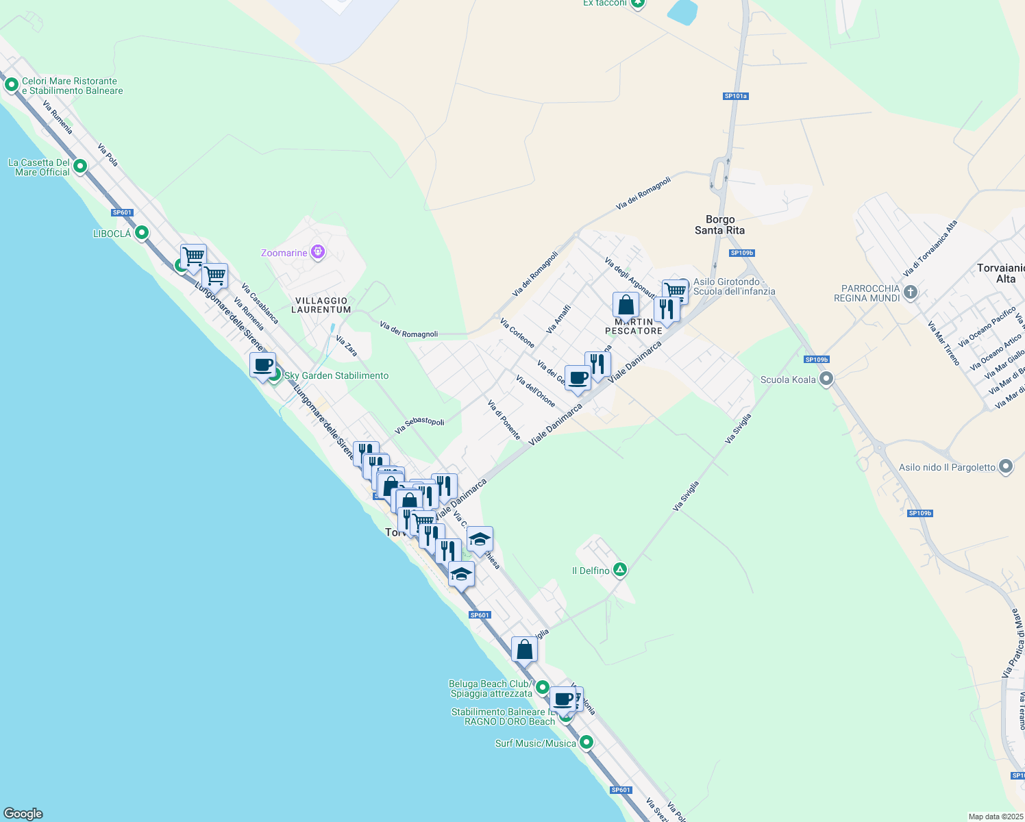 map of restaurants, bars, coffee shops, grocery stores, and more near 19 Via Monreale in Torvaianica