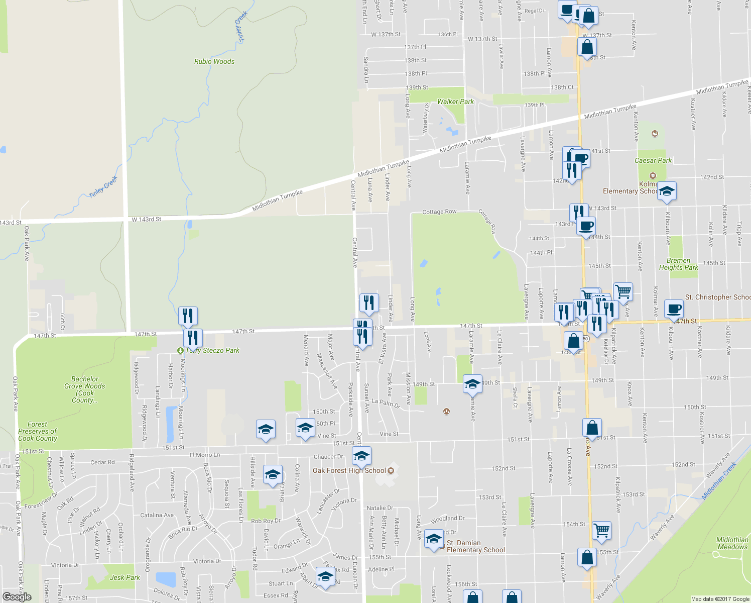 map of restaurants, bars, coffee shops, grocery stores, and more near 14526 Cromwell Lane in Oak Forest