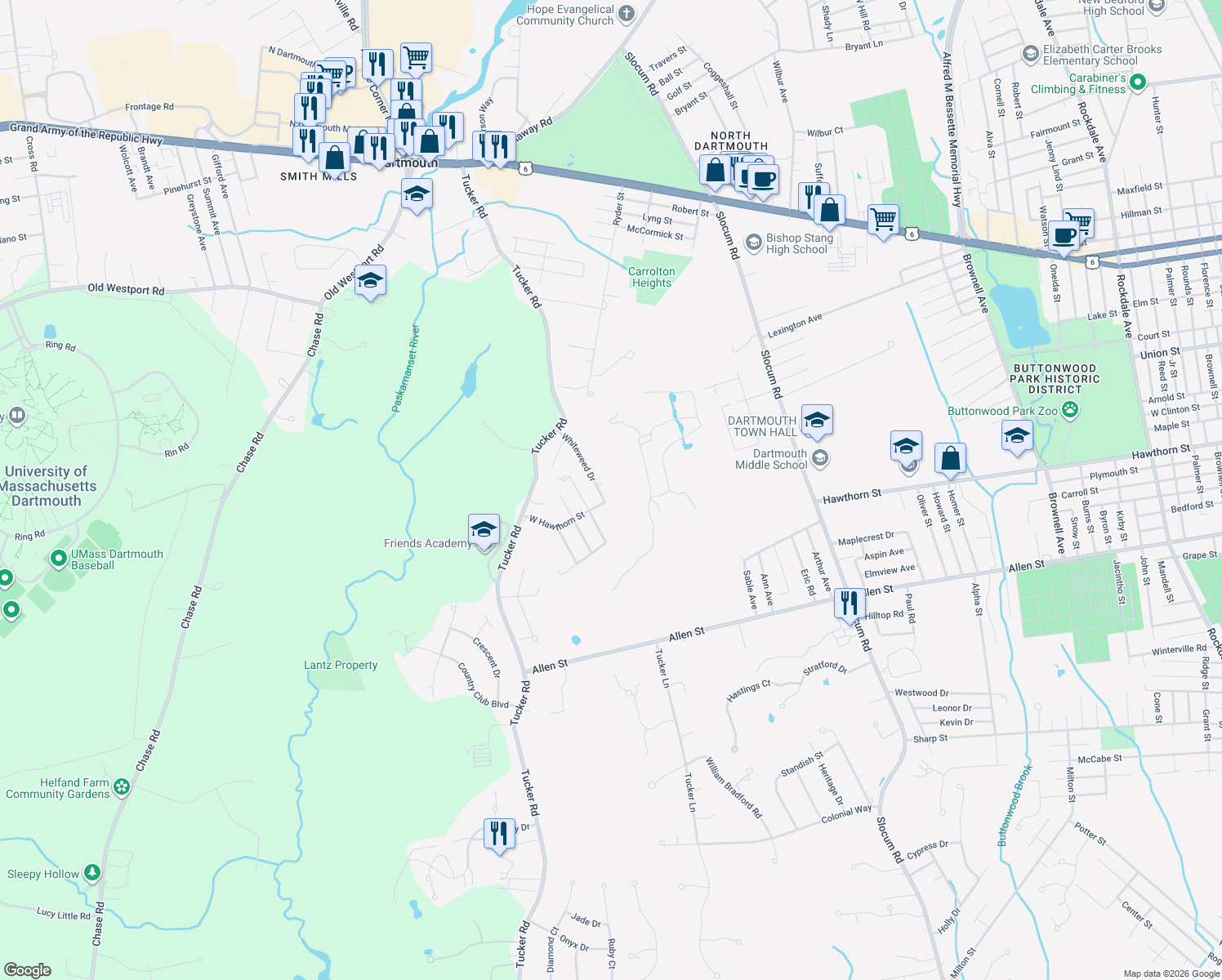 map of restaurants, bars, coffee shops, grocery stores, and more near 55 Whiteweed Dr in Dartmouth