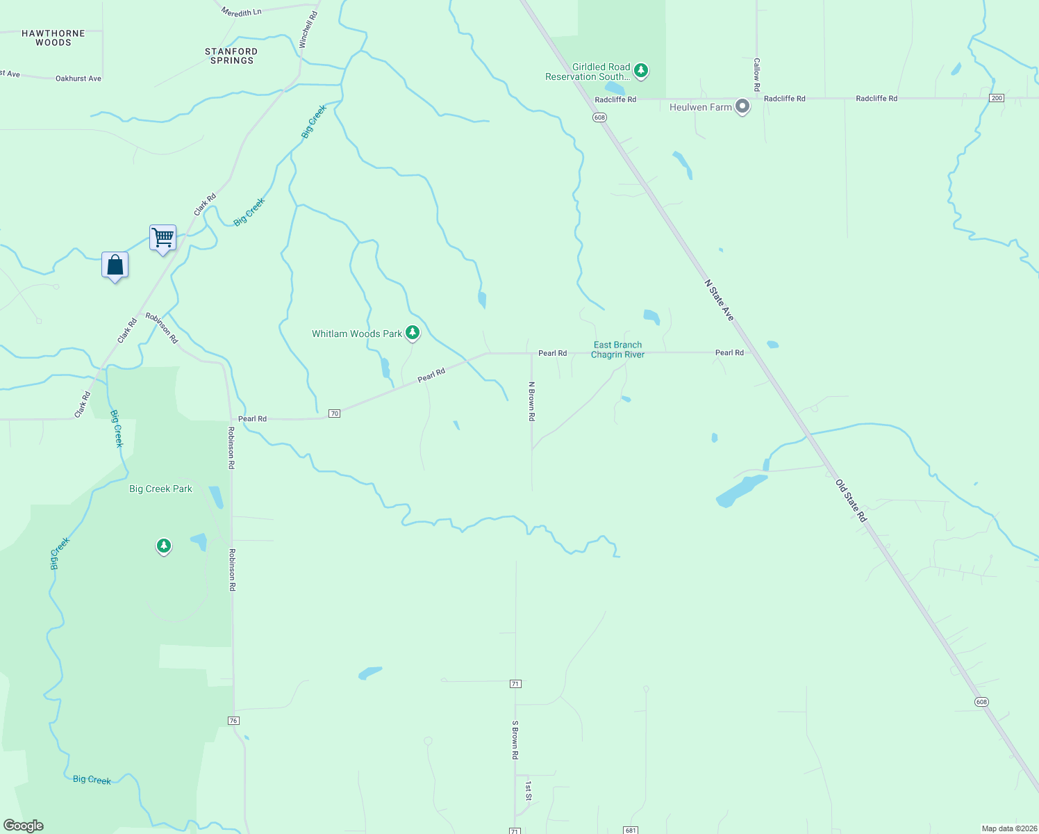 map of restaurants, bars, coffee shops, grocery stores, and more near 8960 N Brown Rd in Chardon