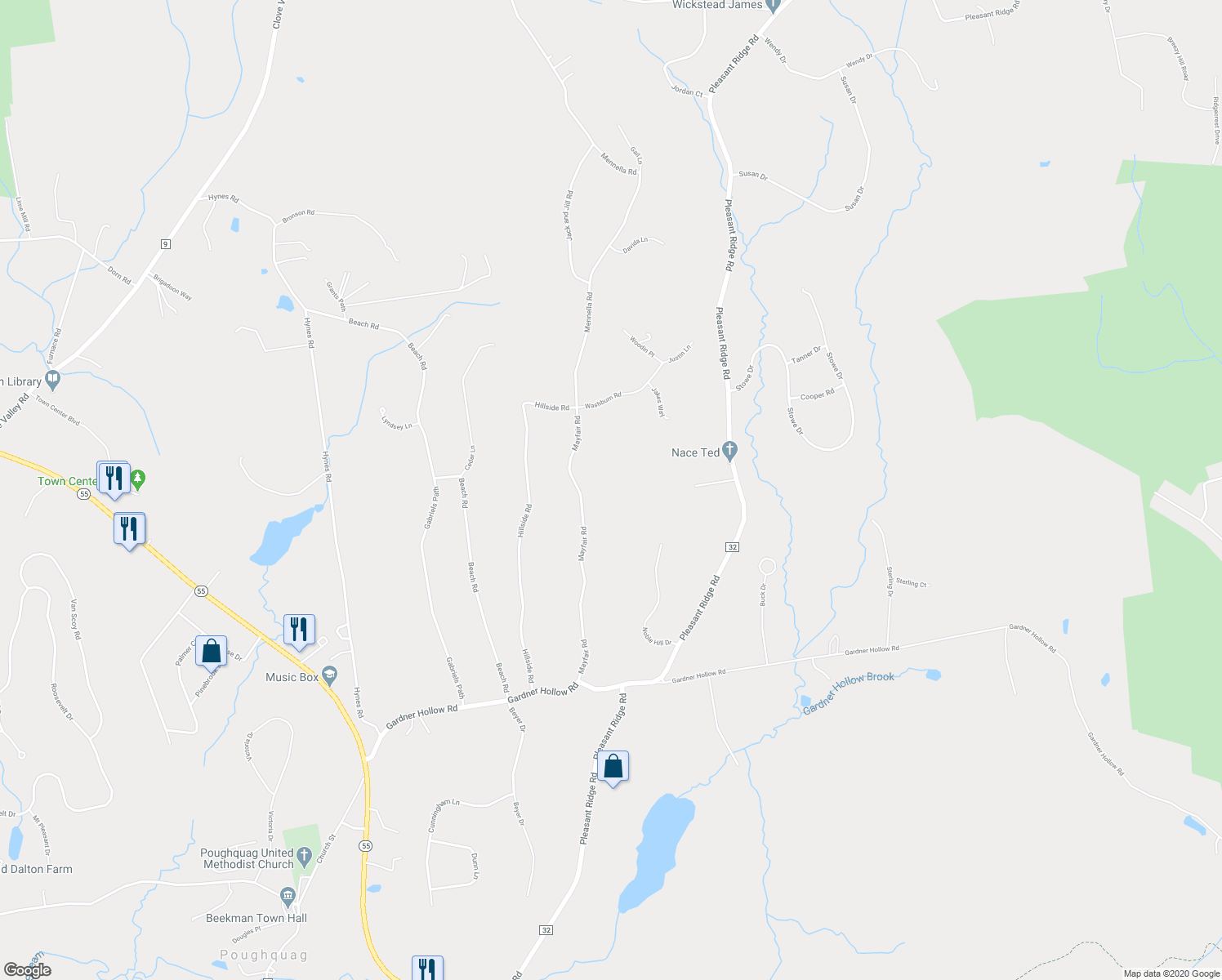 map of restaurants, bars, coffee shops, grocery stores, and more near 49 Mayfair Road in Poughquag
