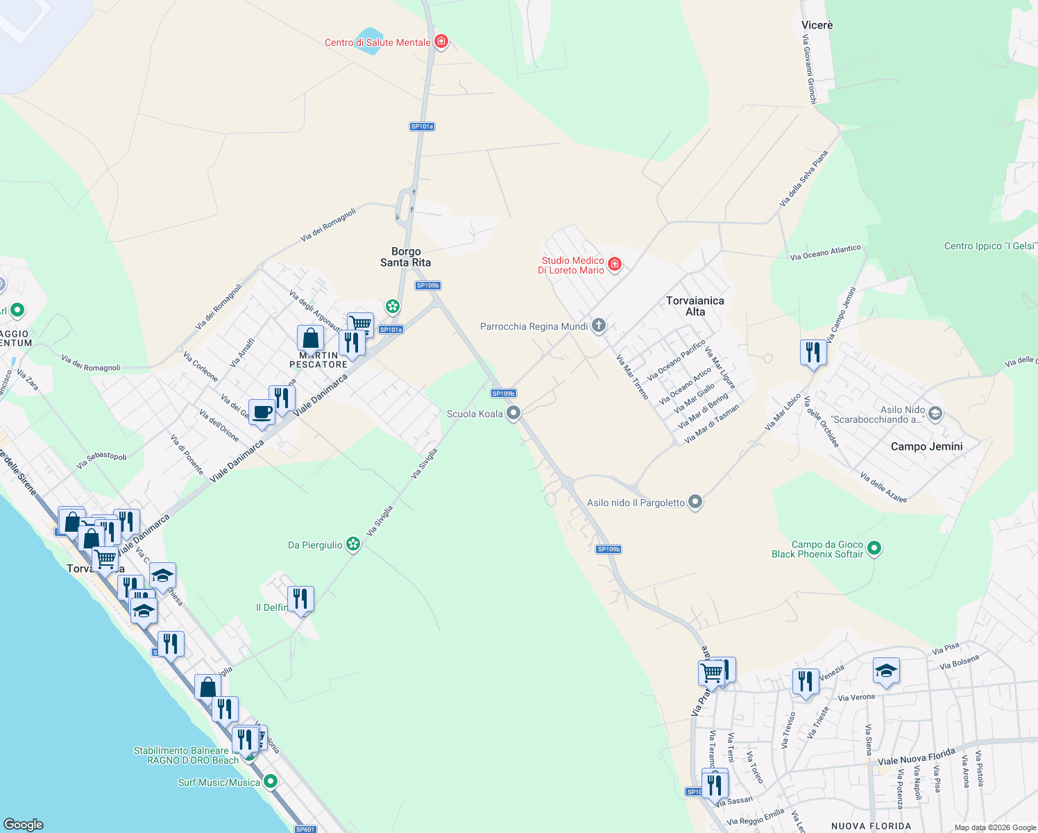 map of restaurants, bars, coffee shops, grocery stores, and more near 11 Via Campo Selva in Città metropolitana di Roma Capitale
