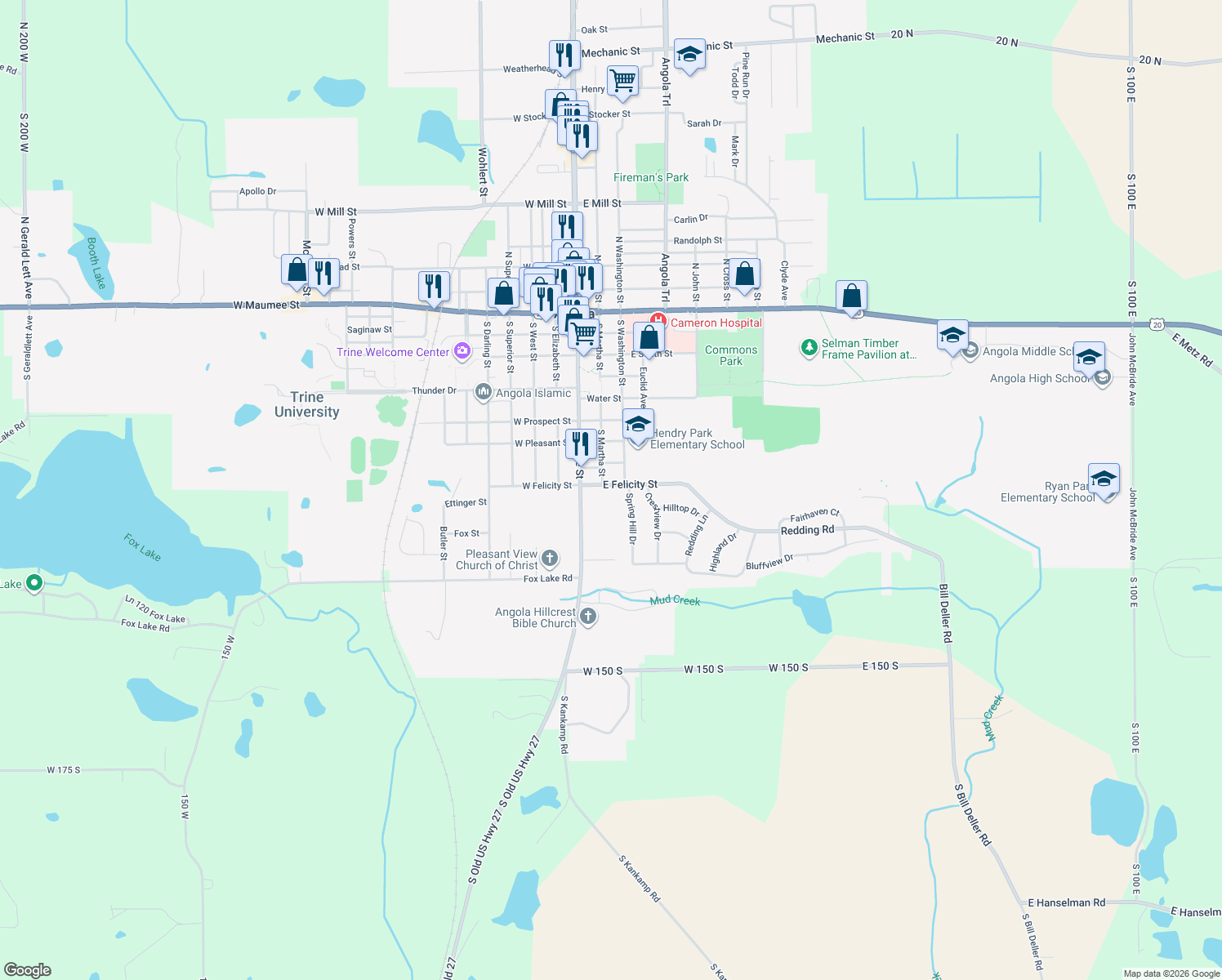 map of restaurants, bars, coffee shops, grocery stores, and more near 204 E Felicity St in Angola