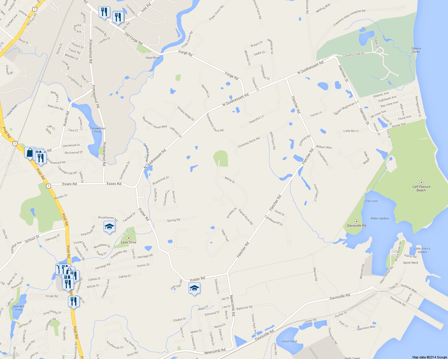 map of restaurants, bars, coffee shops, grocery stores, and more near 180 Mesa Drive in North Kingstown