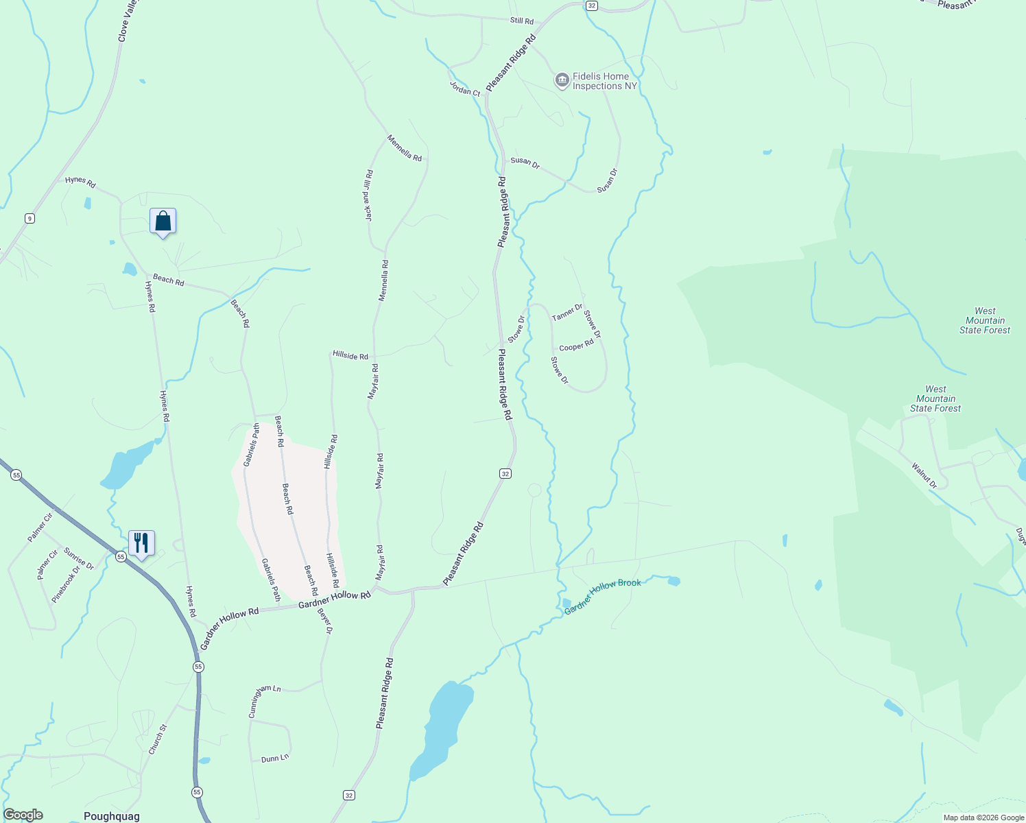 map of restaurants, bars, coffee shops, grocery stores, and more near 198 Pleasant Ridge Road in Poughquag