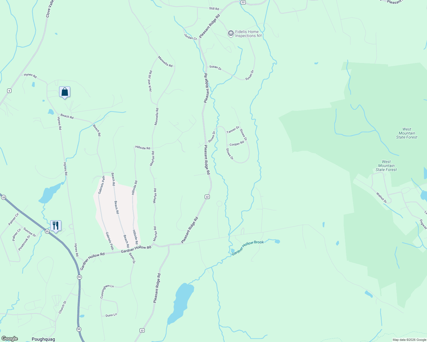 map of restaurants, bars, coffee shops, grocery stores, and more near 198 Pleasant Ridge Road in Poughquag
