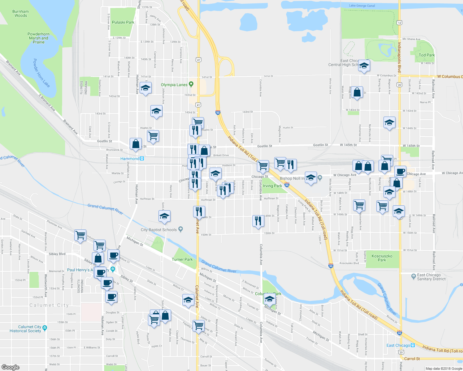 map of restaurants, bars, coffee shops, grocery stores, and more near 4726 Ash Avenue in Hammond