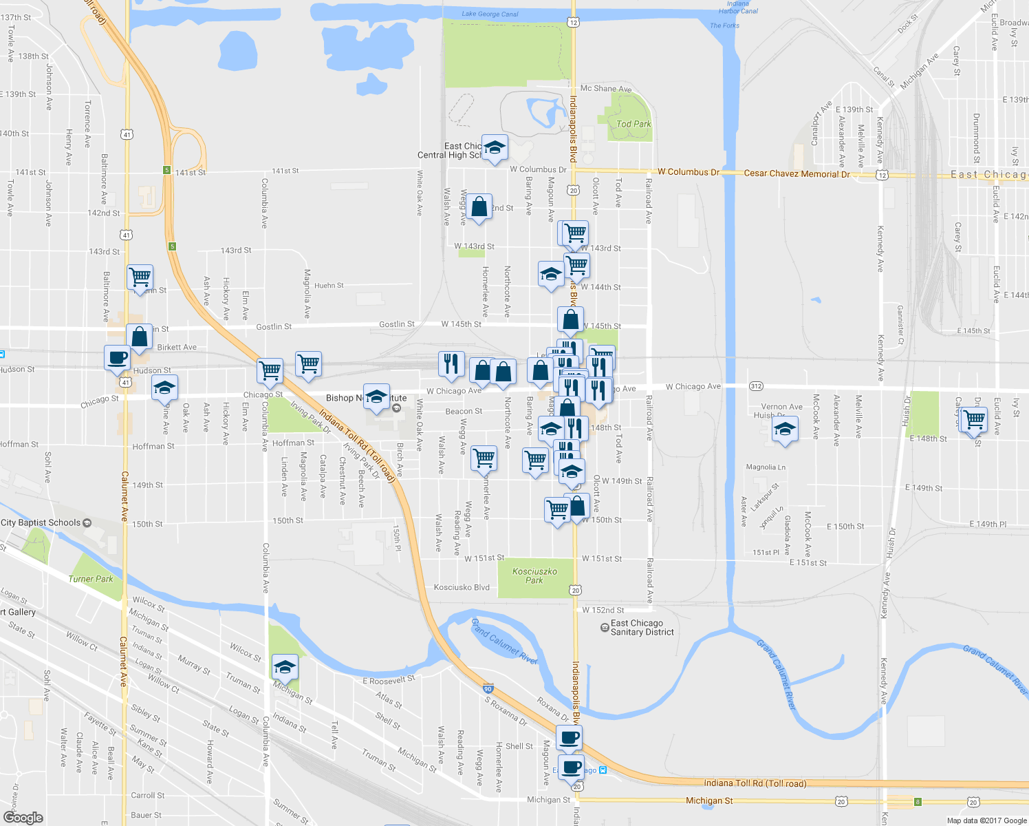 map of restaurants, bars, coffee shops, grocery stores, and more near 4725 Northcote Avenue in East Chicago