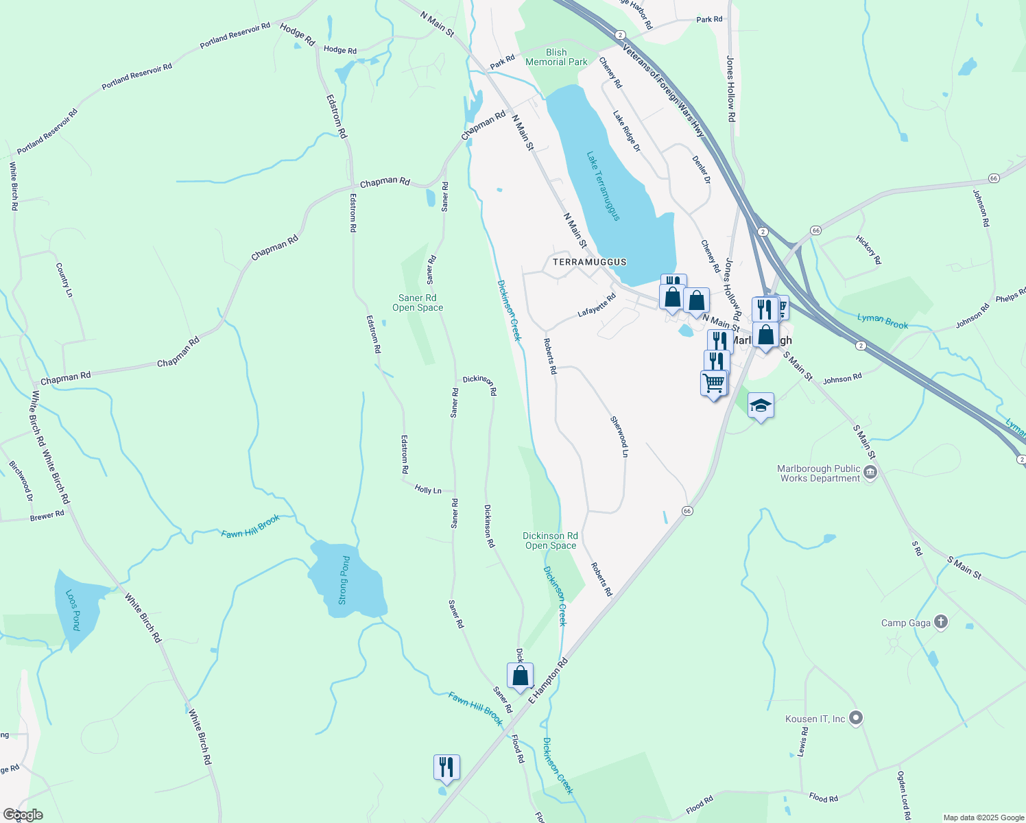 map of restaurants, bars, coffee shops, grocery stores, and more near 104 Dickinson Road in Marlborough