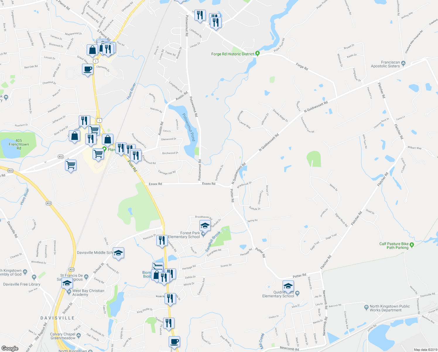 map of restaurants, bars, coffee shops, grocery stores, and more near 33 Sunnybrook Drive in North Kingstown