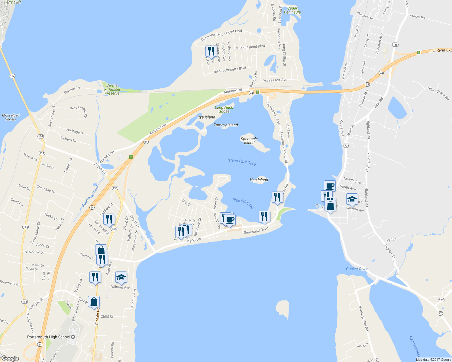 map of restaurants, bars, coffee shops, grocery stores, and more near 287 Riverside Street in Portsmouth