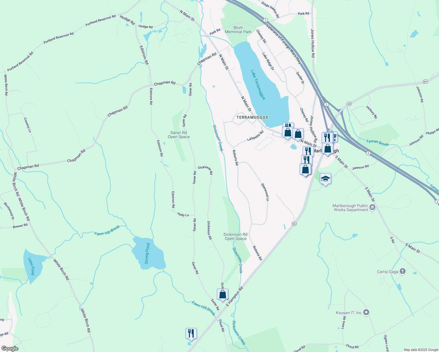 map of restaurants, bars, coffee shops, grocery stores, and more near 104 Dickinson Road in Marlborough