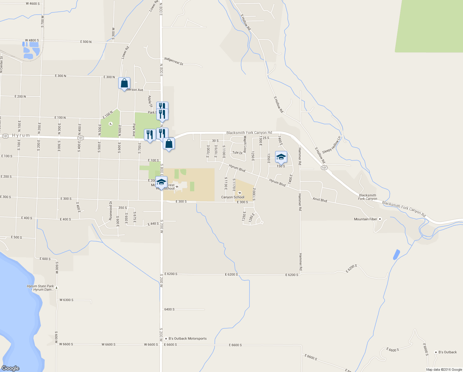 map of restaurants, bars, coffee shops, grocery stores, and more near 222 South 1170 East in Hyrum