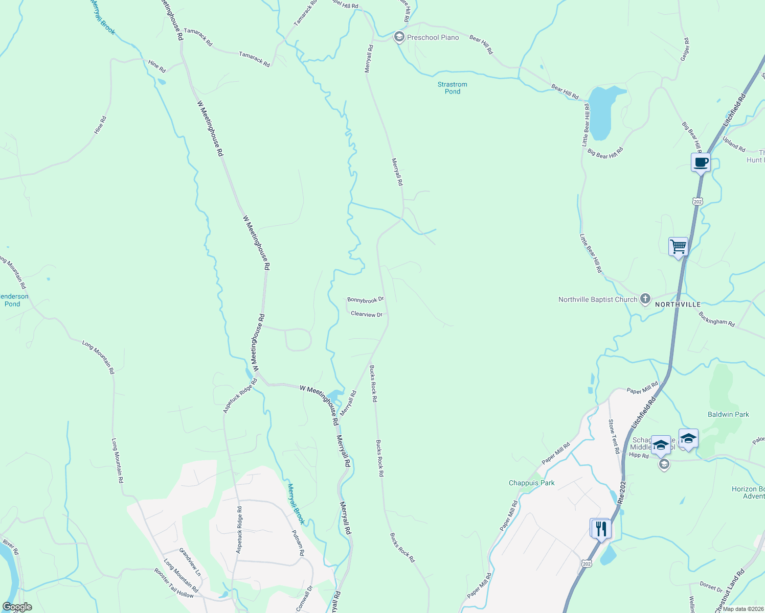 map of restaurants, bars, coffee shops, grocery stores, and more near 1 Bonnybrook Drive in New Milford