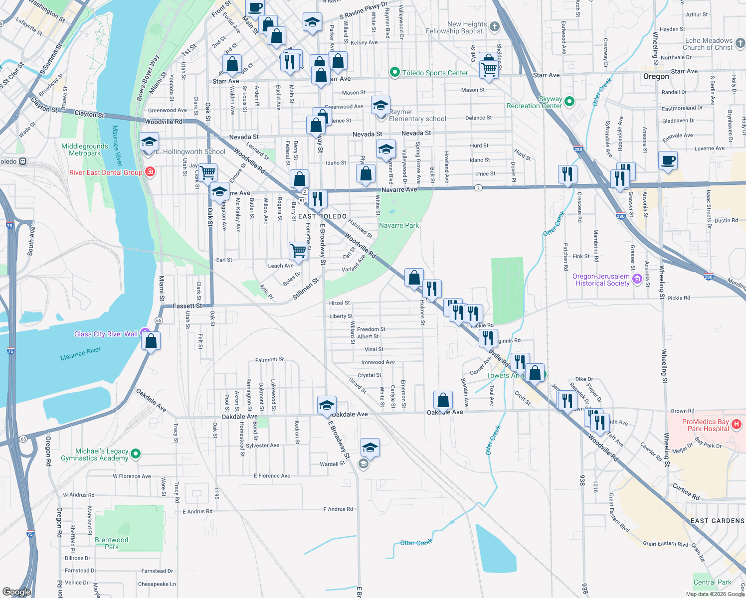 map of restaurants, bars, coffee shops, grocery stores, and more near 1120 Hazelwood St in Toledo
