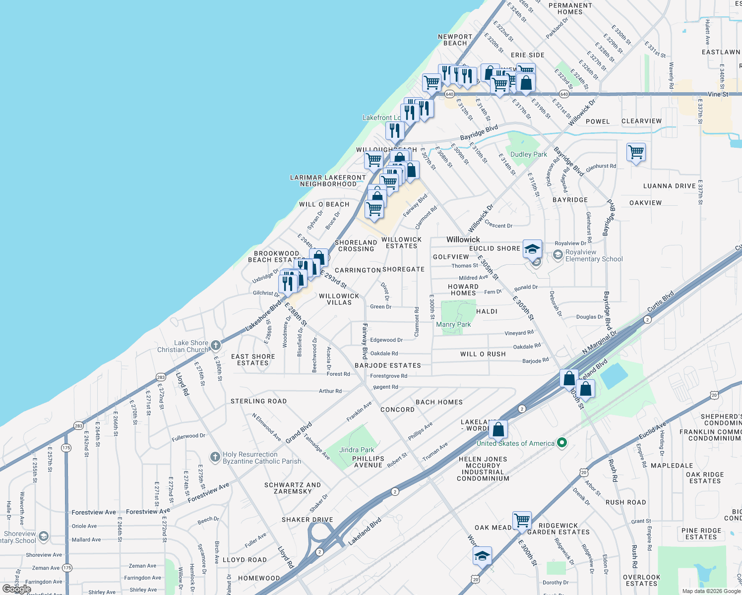 map of restaurants, bars, coffee shops, grocery stores, and more near 29300 Fairway Blvd in Willowick