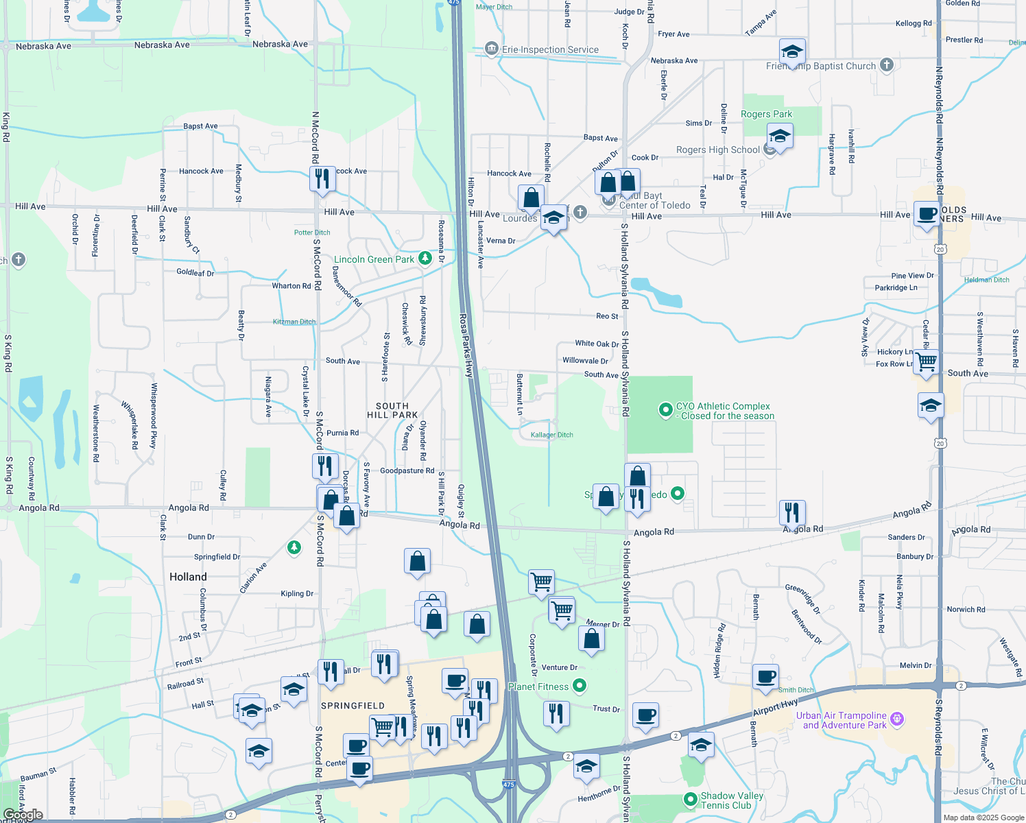 map of restaurants, bars, coffee shops, grocery stores, and more near 566 Butternut Ln in Toledo