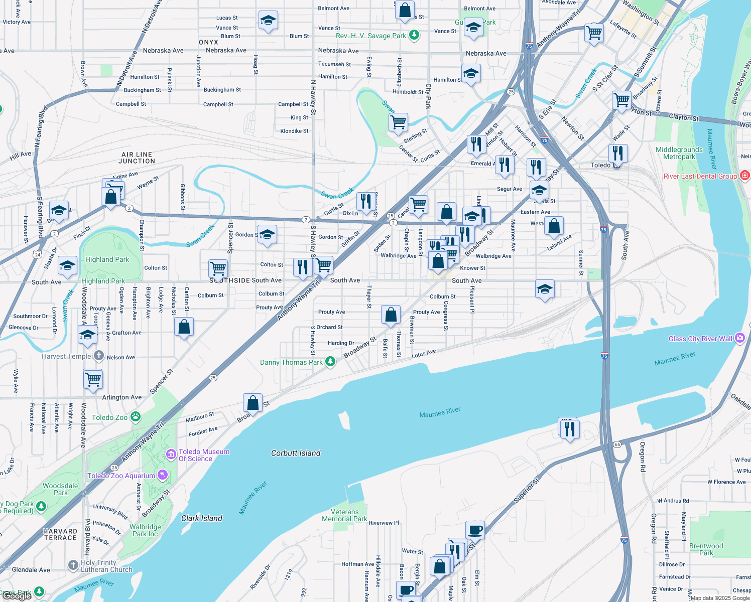 map of restaurants, bars, coffee shops, grocery stores, and more near 885 Colburn Street in Toledo