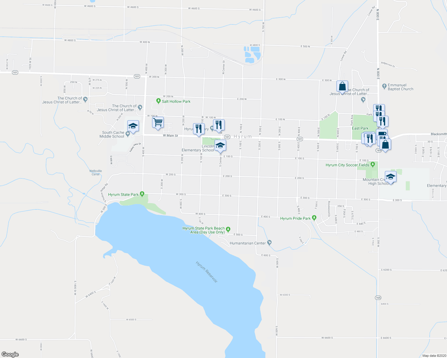 map of restaurants, bars, coffee shops, grocery stores, and more near 213 South Center Street in Hyrum
