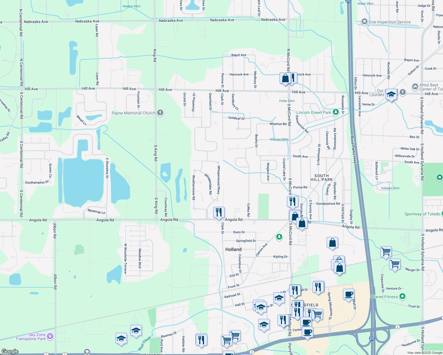 map of restaurants, bars, coffee shops, grocery stores, and more near 621 Whisperwood Parkway in Holland