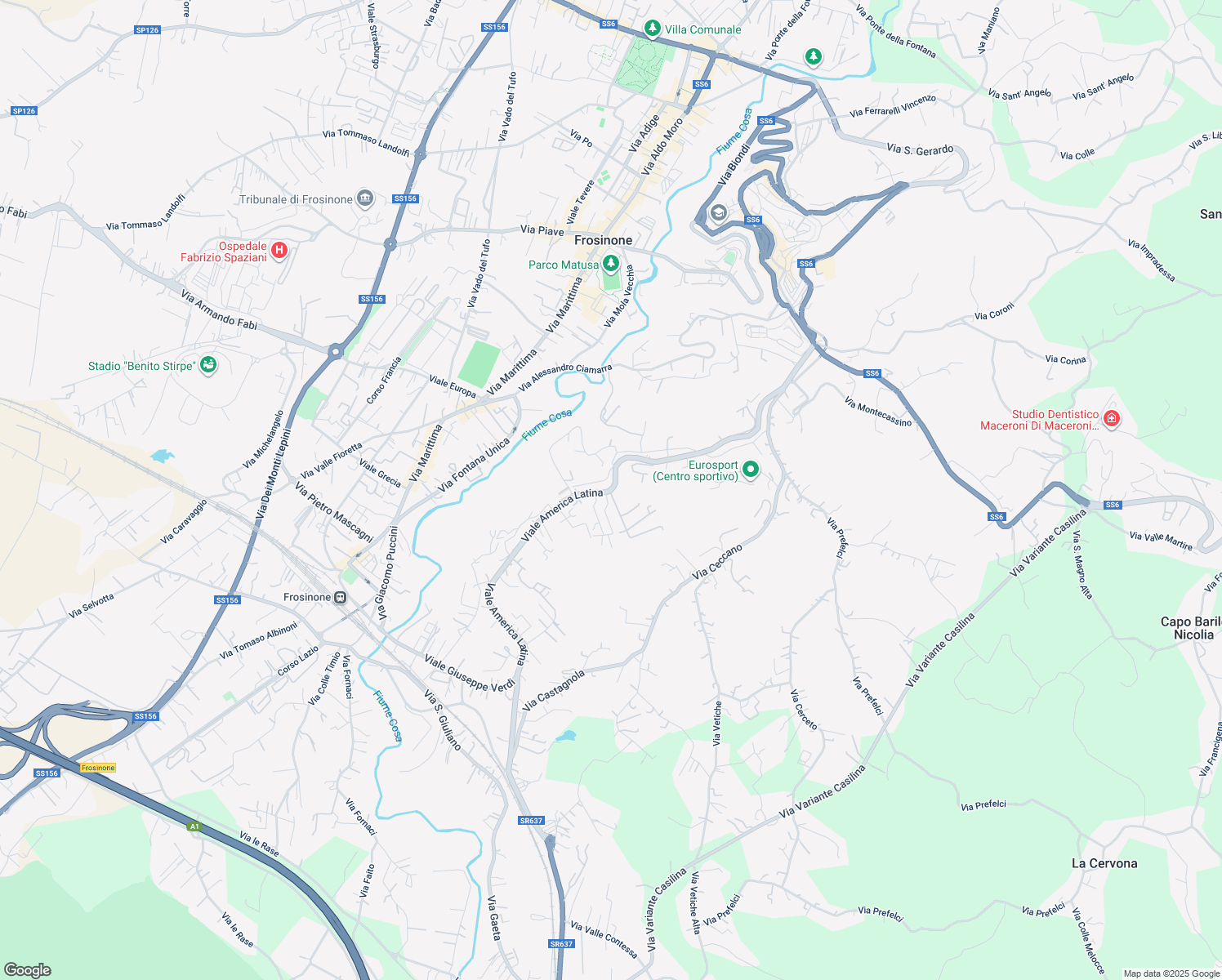 map of restaurants, bars, coffee shops, grocery stores, and more near in Frosinone