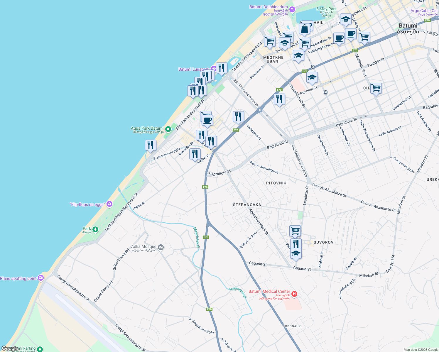 map of restaurants, bars, coffee shops, grocery stores, and more near 161 Bagrationi Street in Batumi