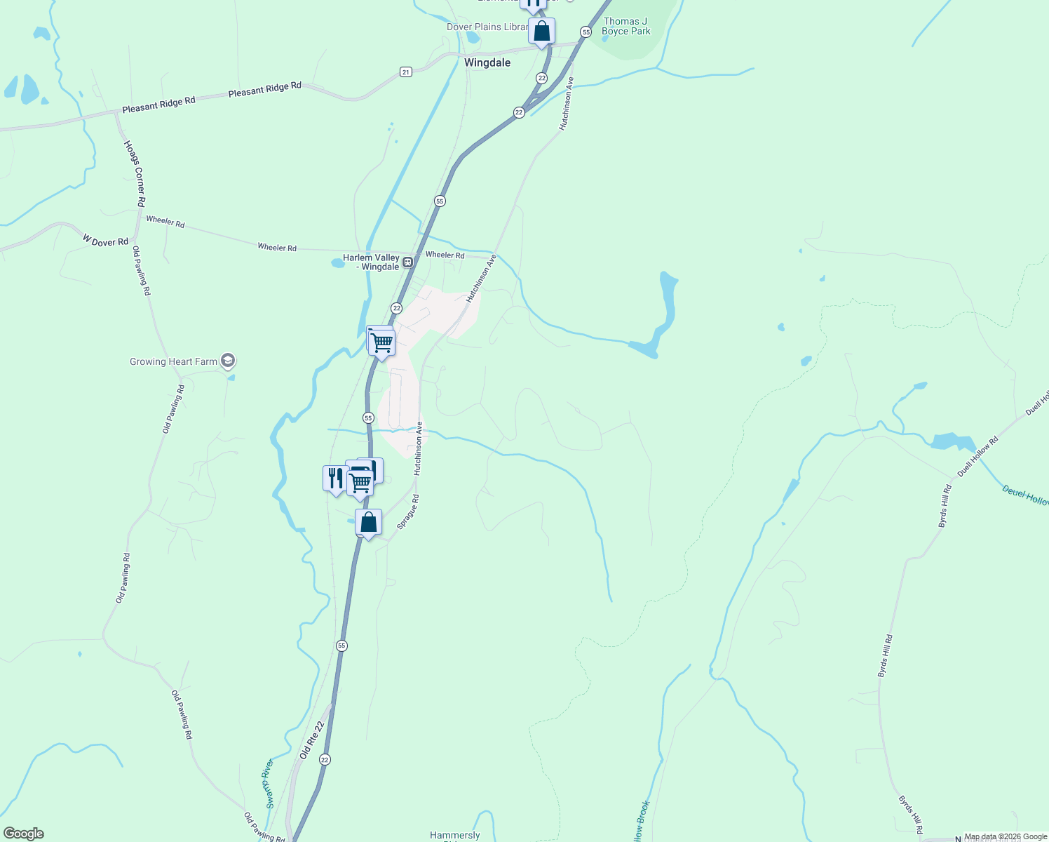 map of restaurants, bars, coffee shops, grocery stores, and more near 102 Johnson Road in Wingdale