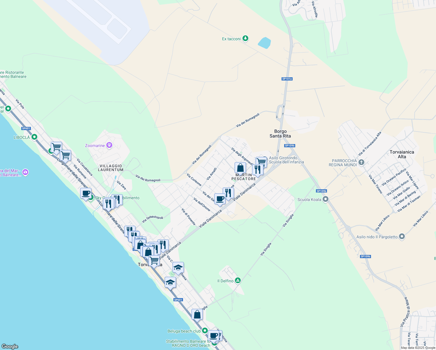 map of restaurants, bars, coffee shops, grocery stores, and more near 5/D Via Chianciano in Torvaianica