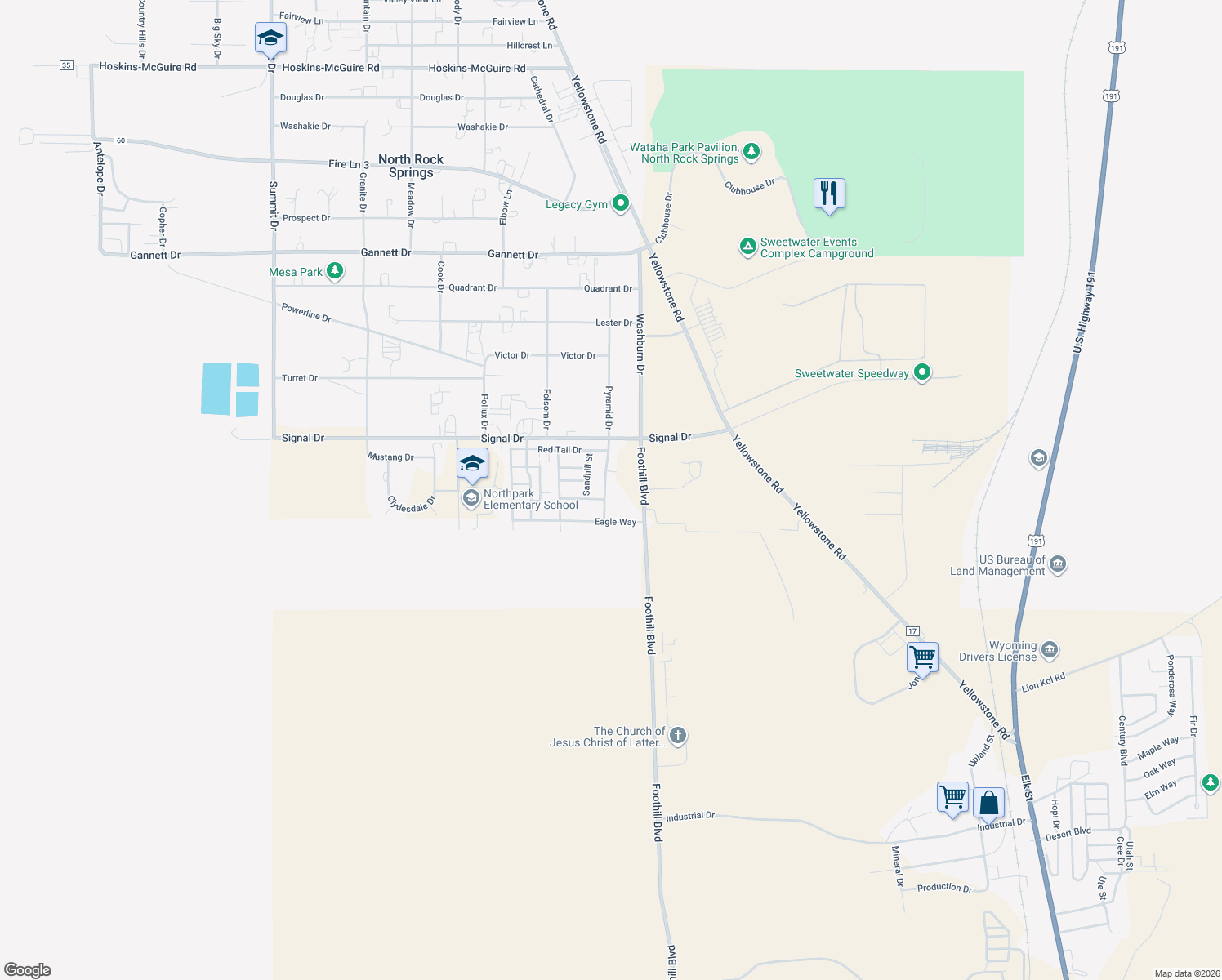 map of restaurants, bars, coffee shops, grocery stores, and more near 3833 Peregrine St in Rock Springs