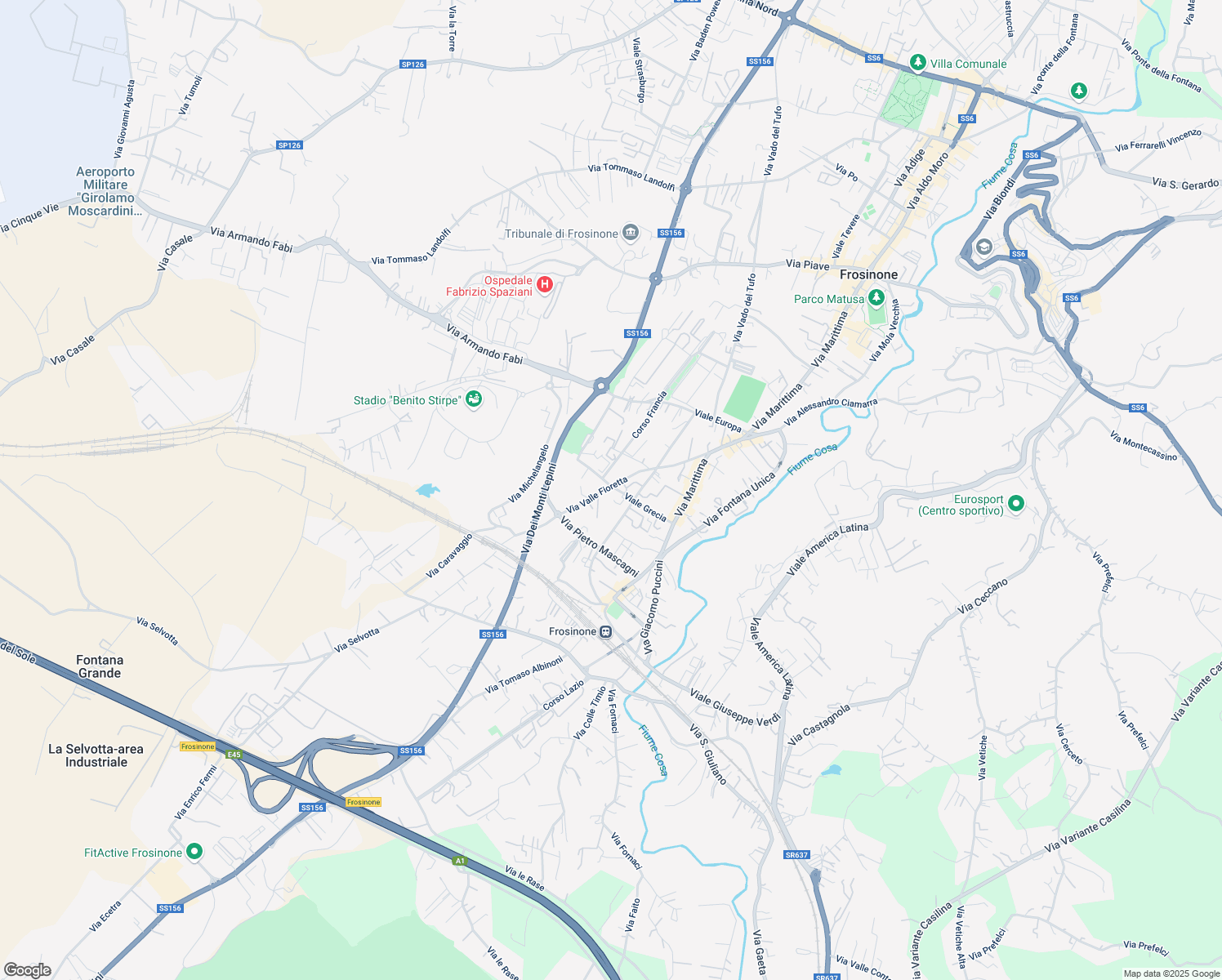 map of restaurants, bars, coffee shops, grocery stores, and more near 15 Via Valle Fioretta in Frosinone