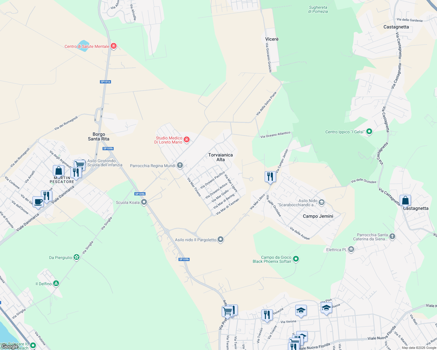 map of restaurants, bars, coffee shops, grocery stores, and more near 19a Via Oceano Pacifico in Torvaianica Alta