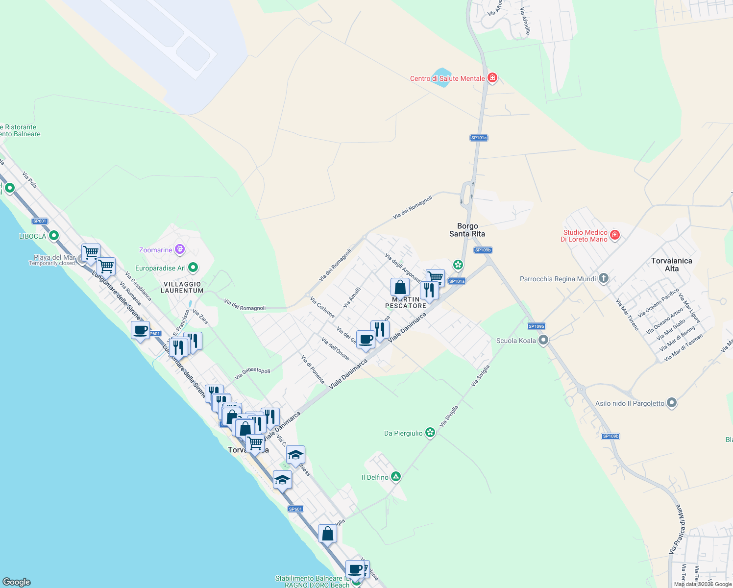 map of restaurants, bars, coffee shops, grocery stores, and more near 5 Via Chianciano in Torvaianica