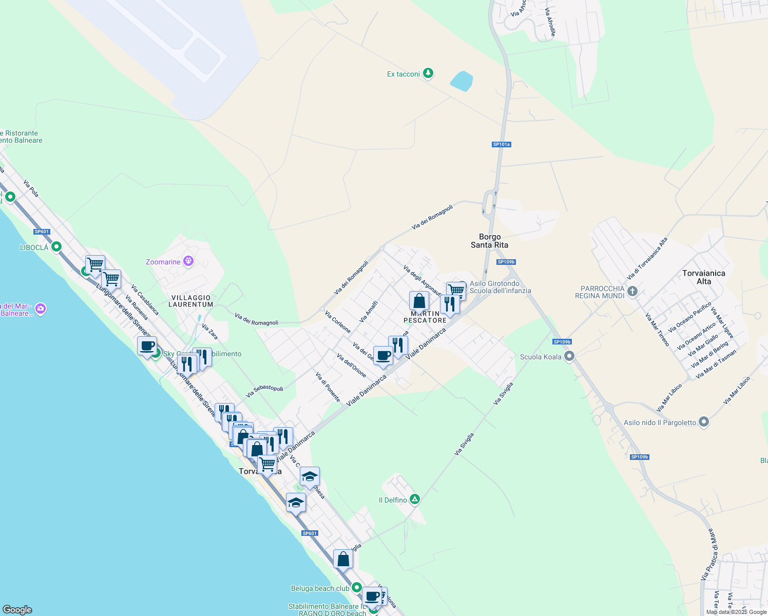 map of restaurants, bars, coffee shops, grocery stores, and more near 5 Via Chianciano in Torvaianica