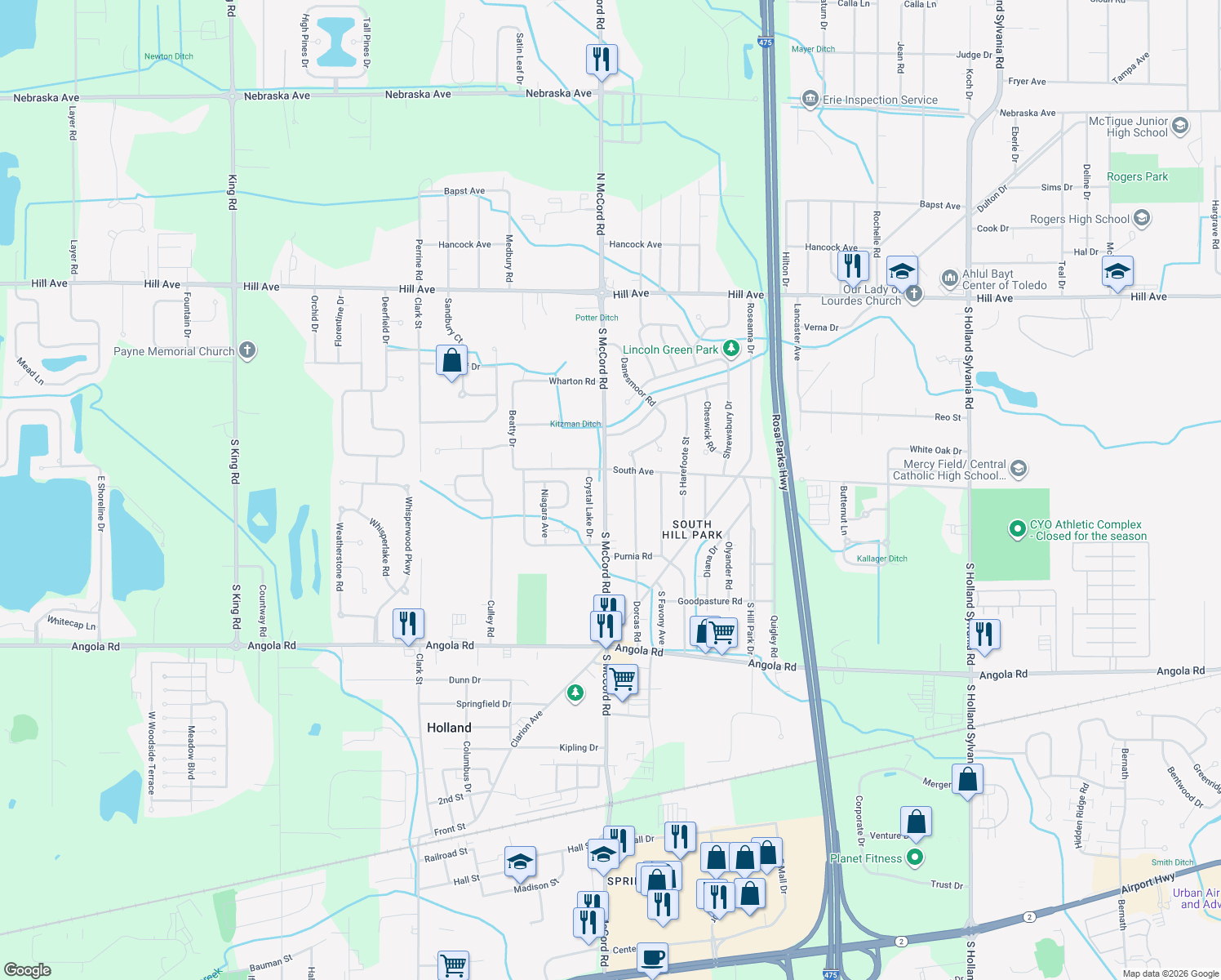 map of restaurants, bars, coffee shops, grocery stores, and more near 529 S Mc Cord Rd in Holland