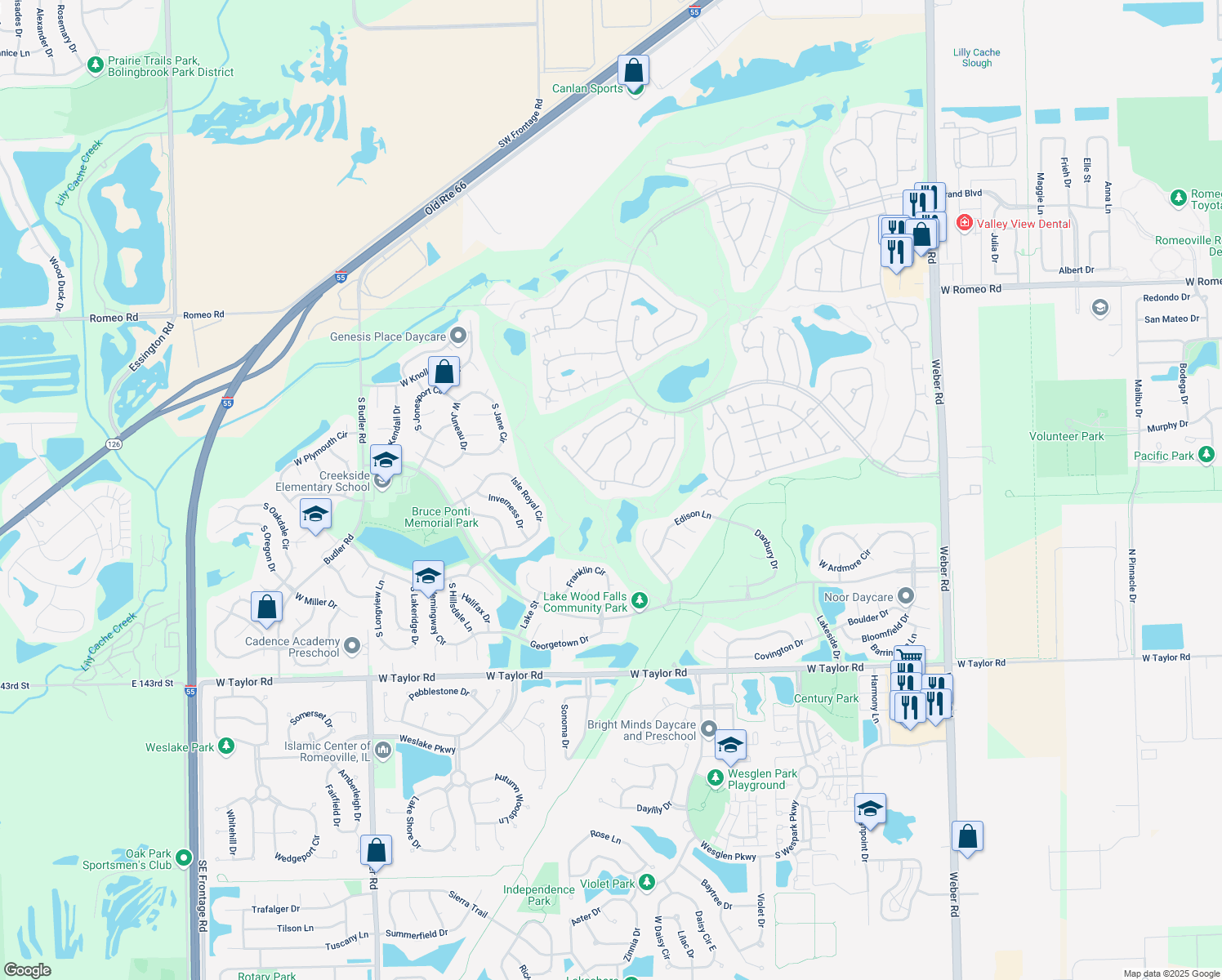 map of restaurants, bars, coffee shops, grocery stores, and more near 13945 South Rosemary Court in Plainfield